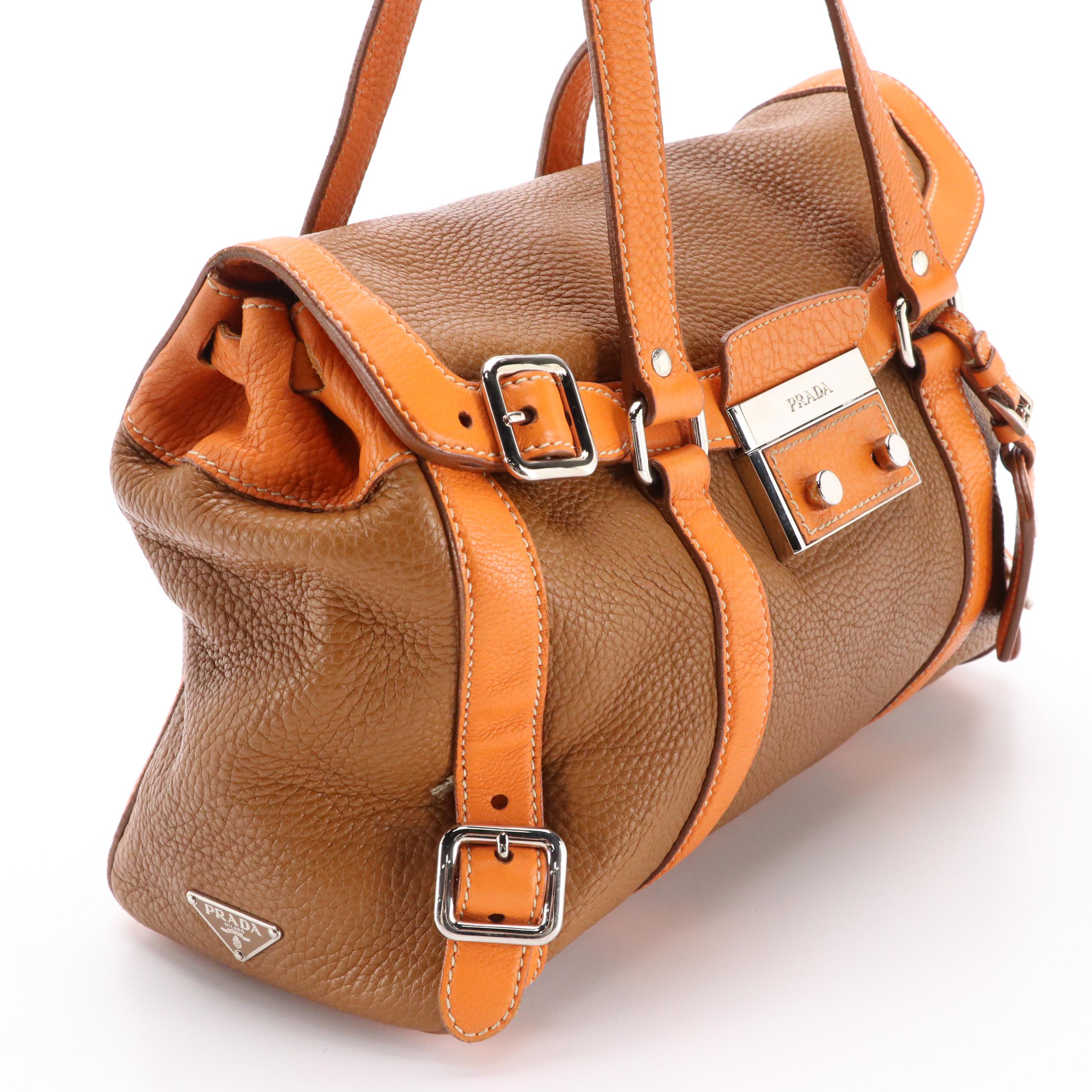 Prada Caramel Brown and Orange Leather Buckle-Trimmed Shoulder Satchel