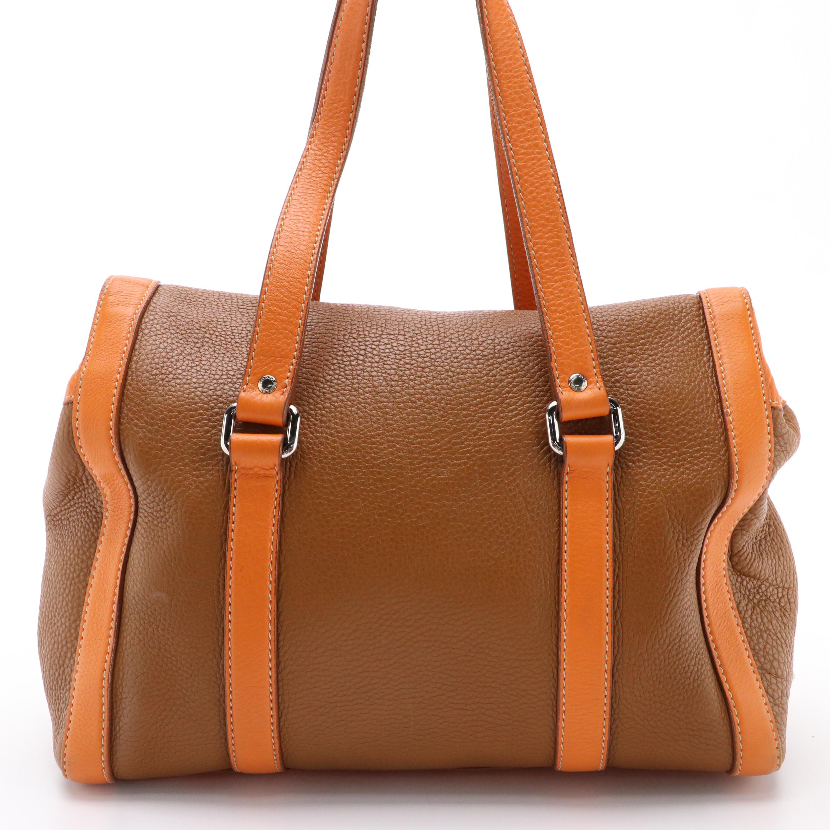 Prada Caramel Brown and Orange Leather Buckle-Trimmed Shoulder Satchel