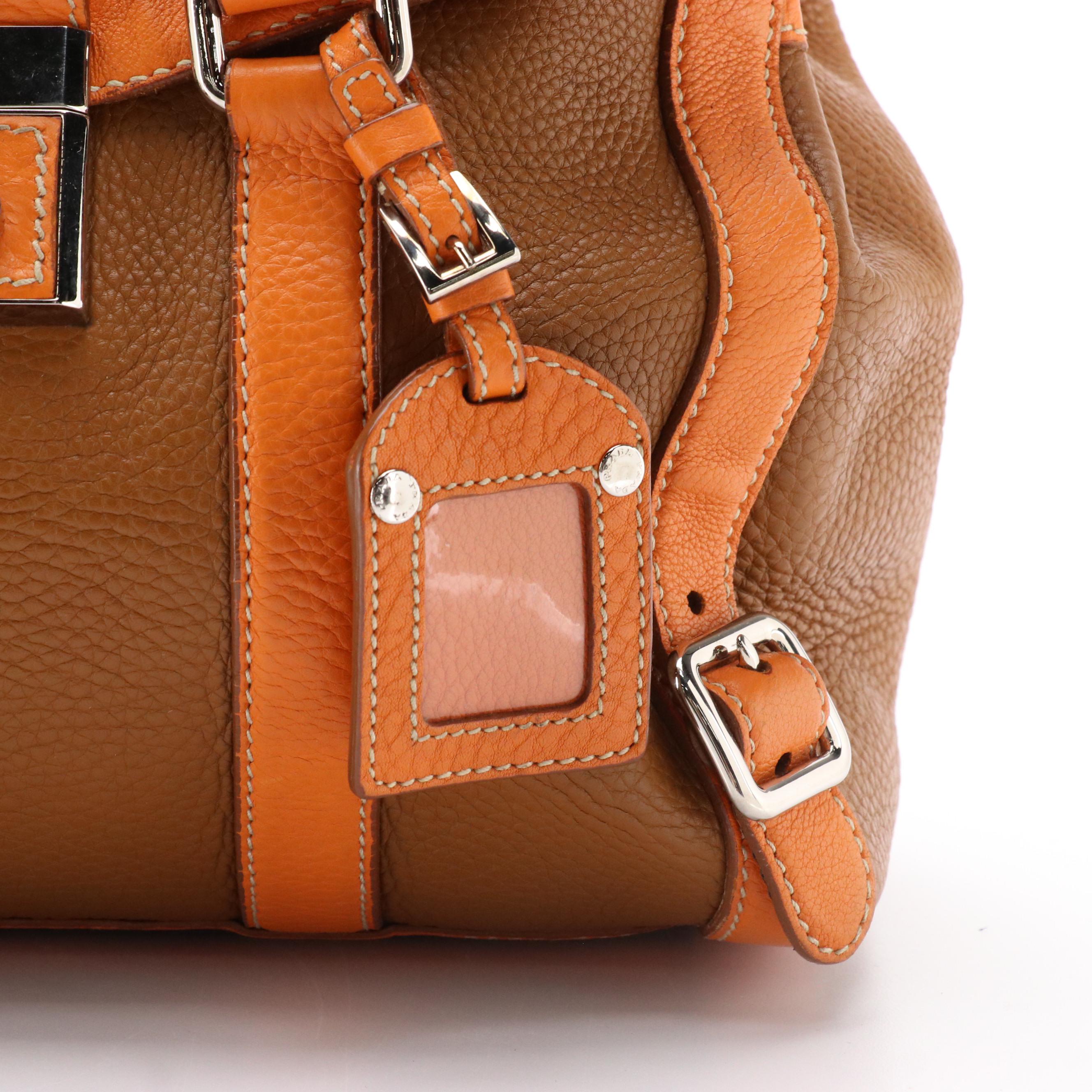 Prada Caramel Brown and Orange Leather Buckle-Trimmed Shoulder Satchel