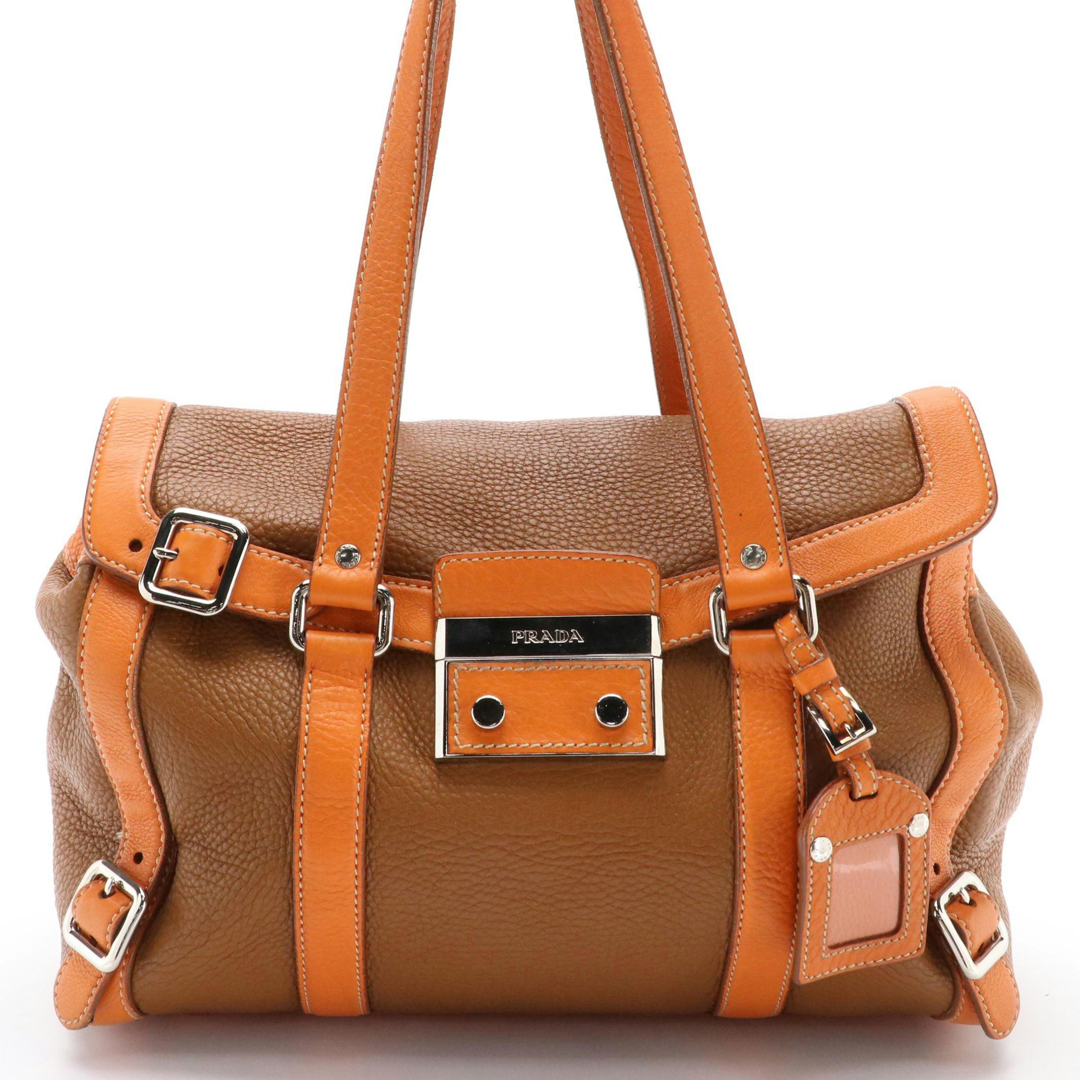 Prada Caramel Brown and Orange Leather Buckle-Trimmed Shoulder Satchel