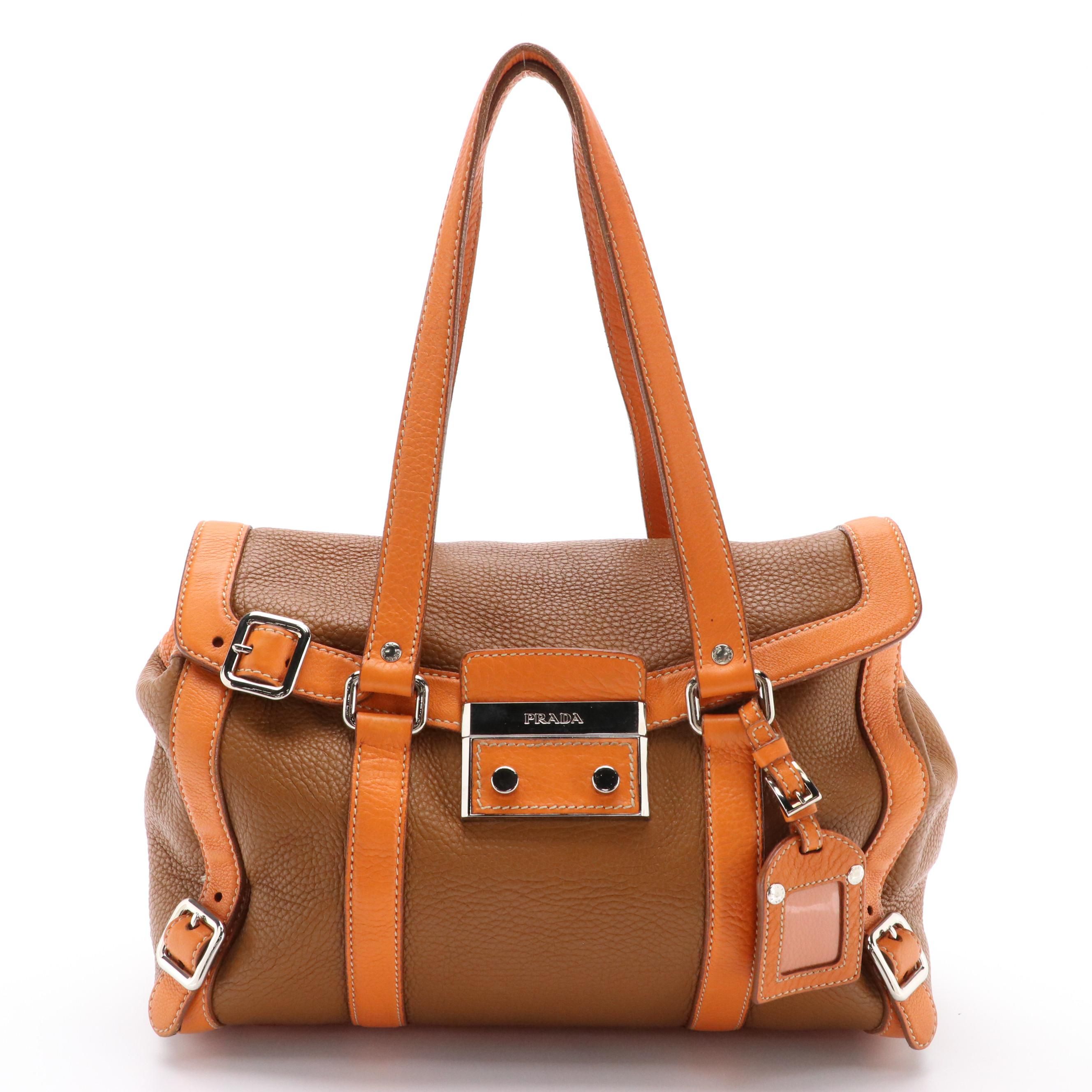 Prada Caramel Brown and Orange Leather Buckle-Trimmed Shoulder Satchel
