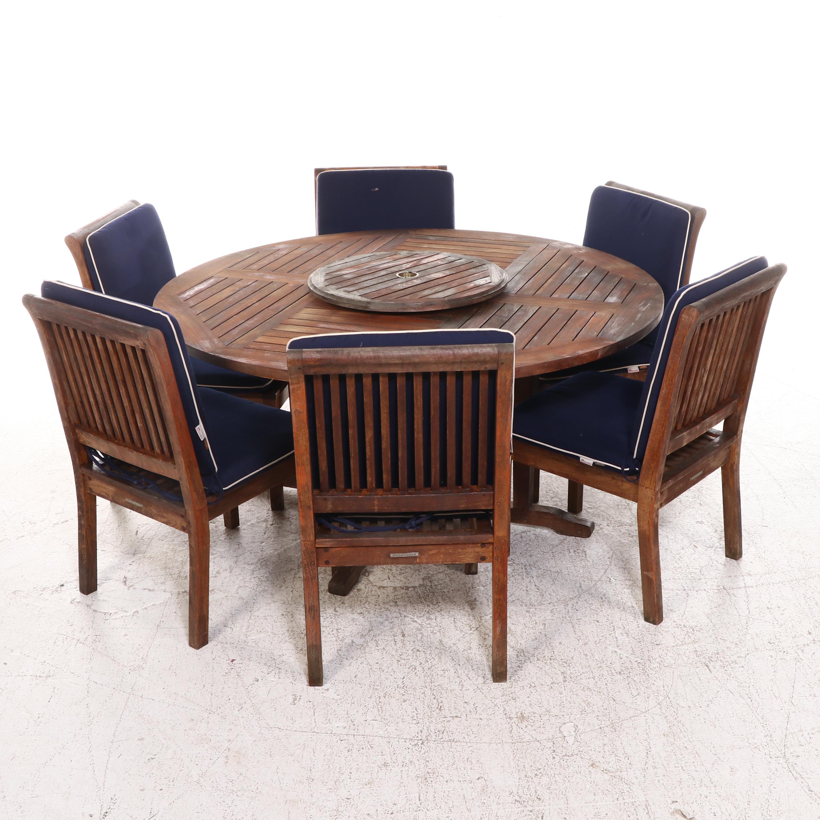 Frontgate Seven-Piece Teak Patio Dining Set with Umbrella and Sunbrella Cushions