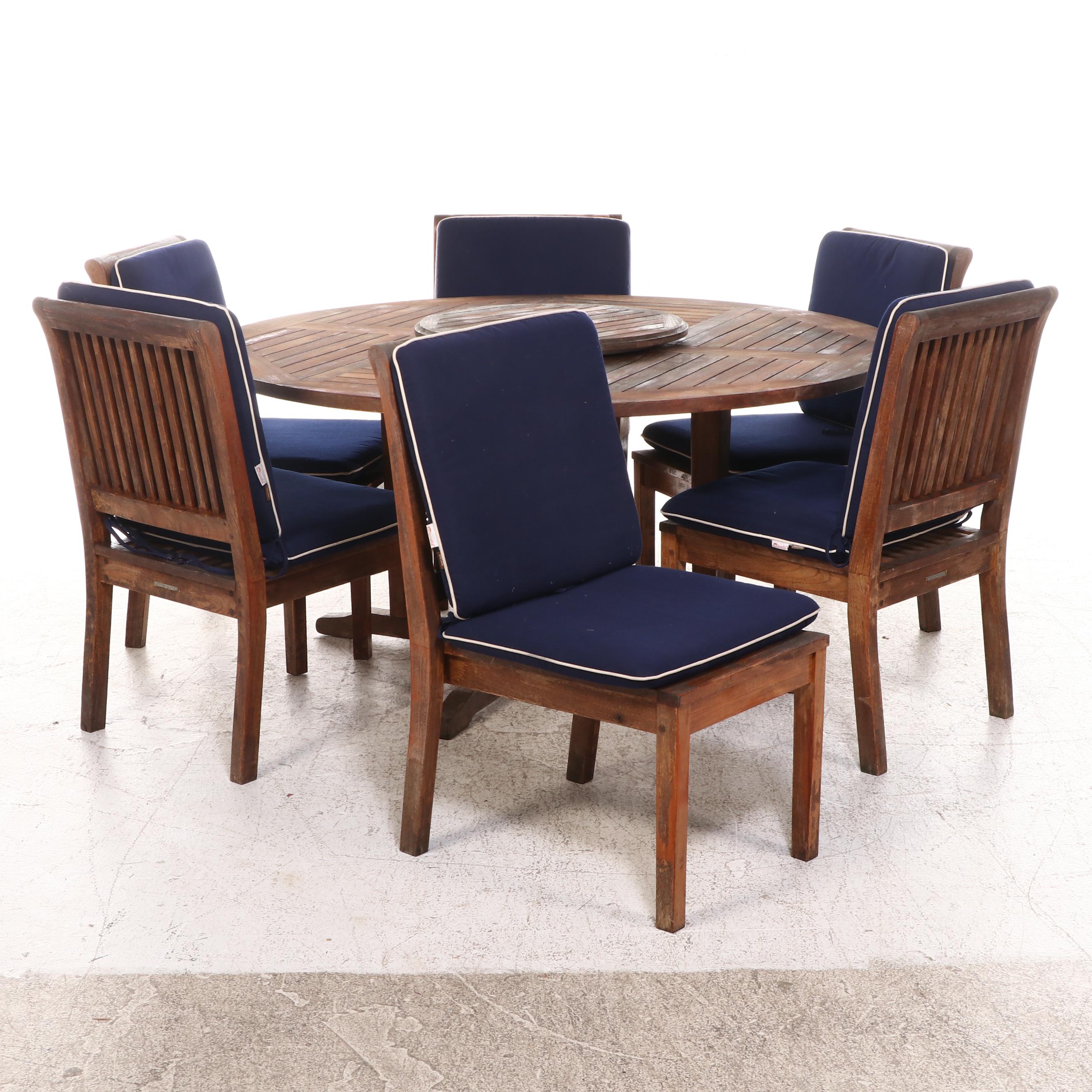 Frontgate Seven-Piece Teak Patio Dining Set with Umbrella and Sunbrella Cushions