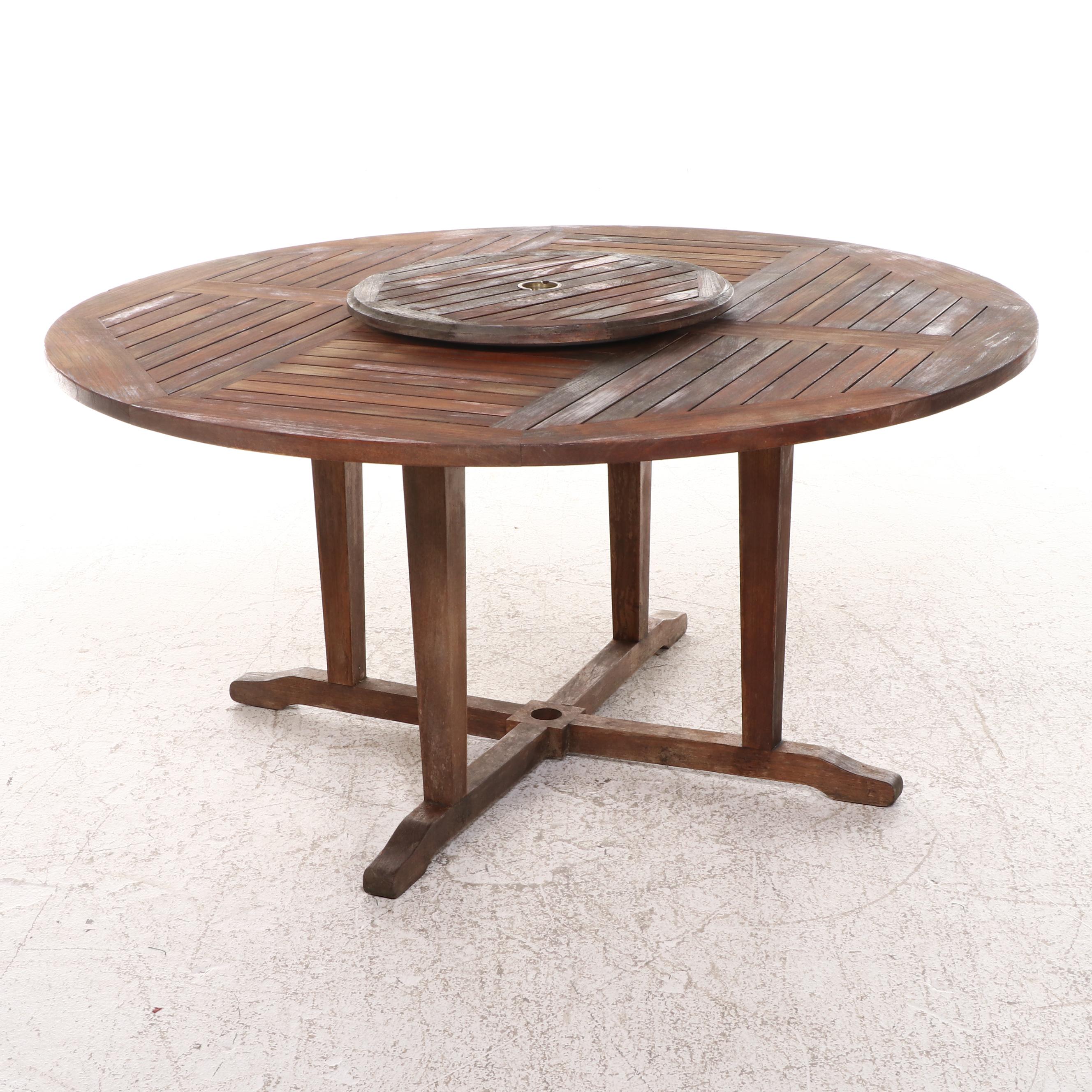 Frontgate Seven-Piece Teak Patio Dining Set with Umbrella and Sunbrella Cushions