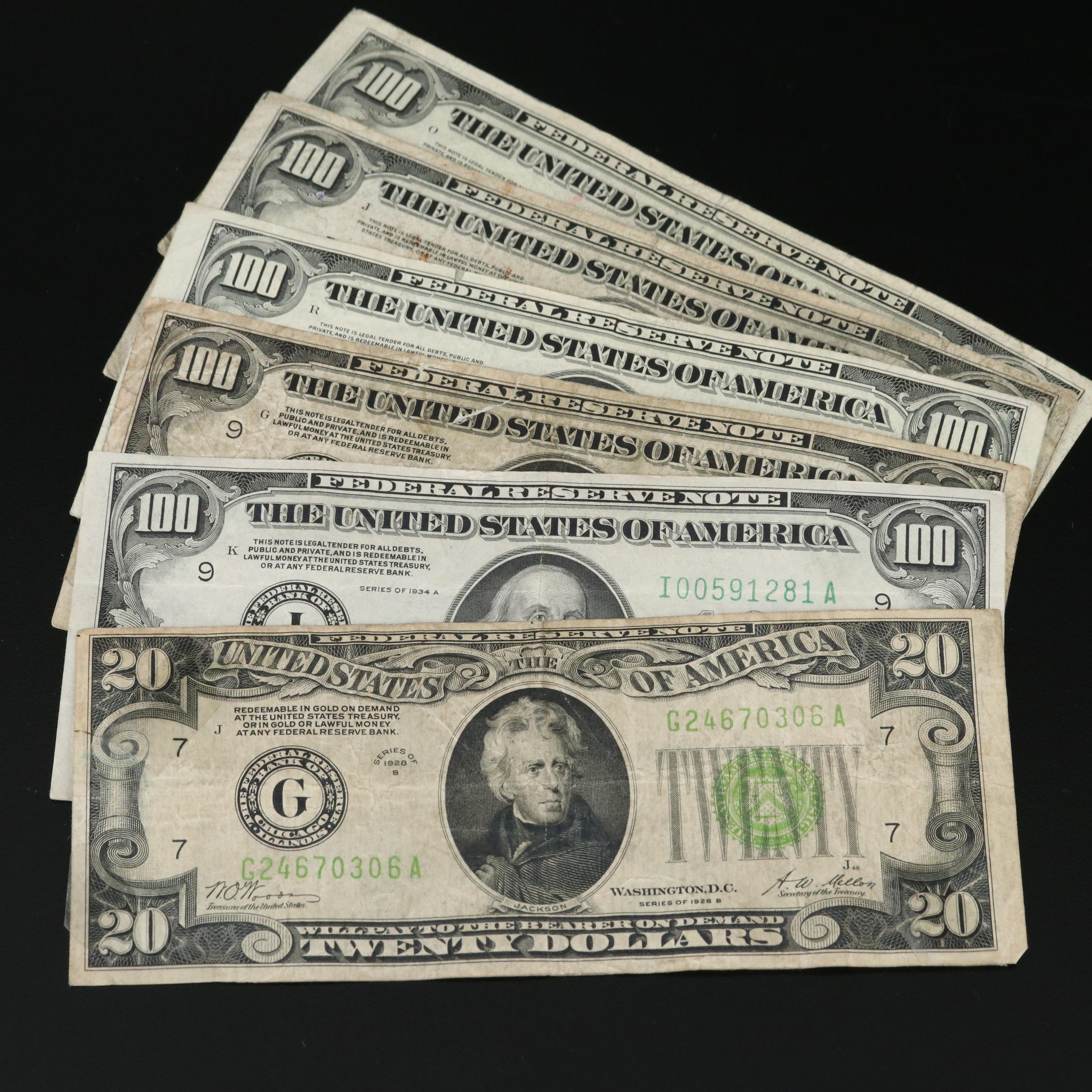 Five Vintage $100 Federal Reserve Notes and a Vintage $20 Federal Reserve Note