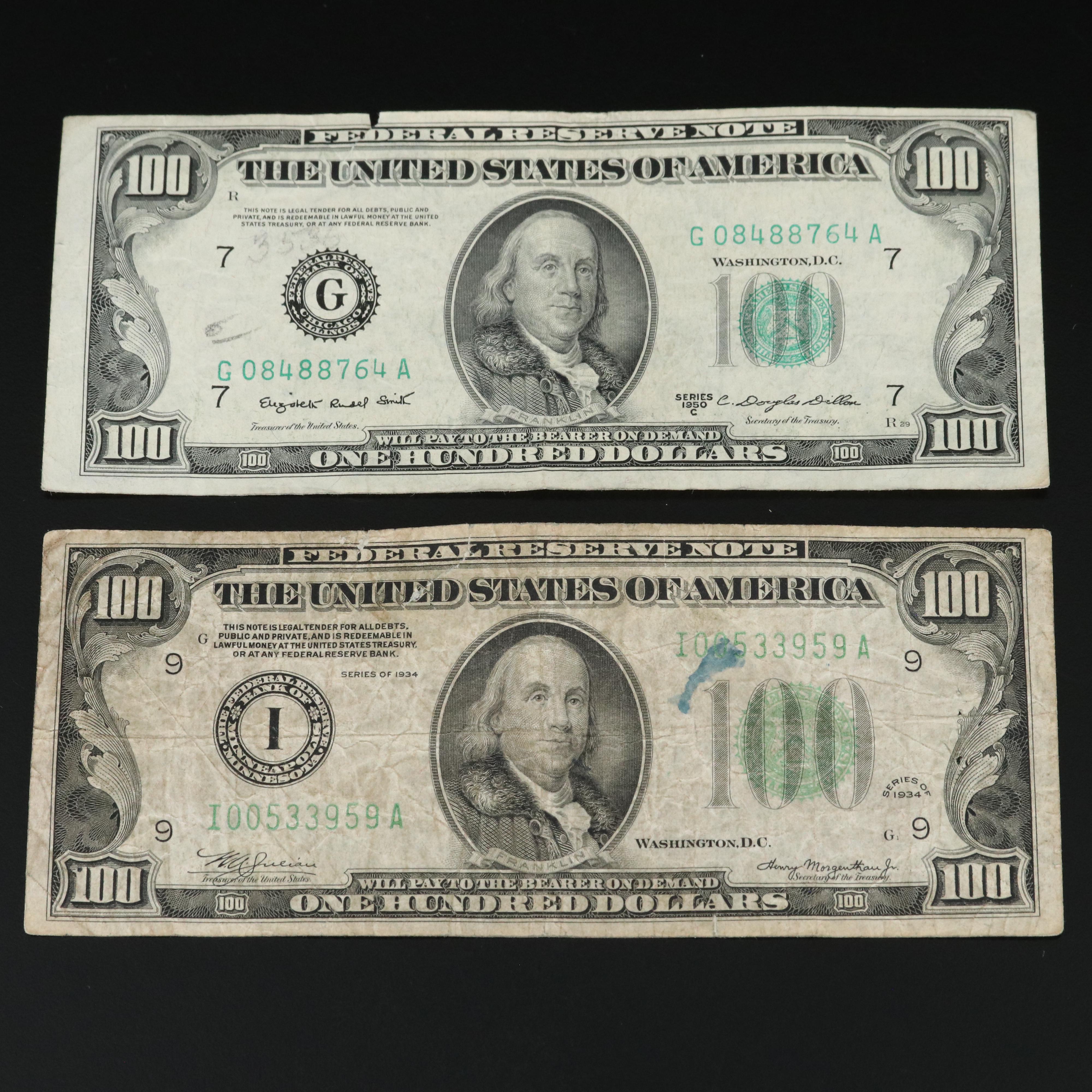 Five Vintage $100 Federal Reserve Notes and a Vintage $20 Federal Reserve Note
