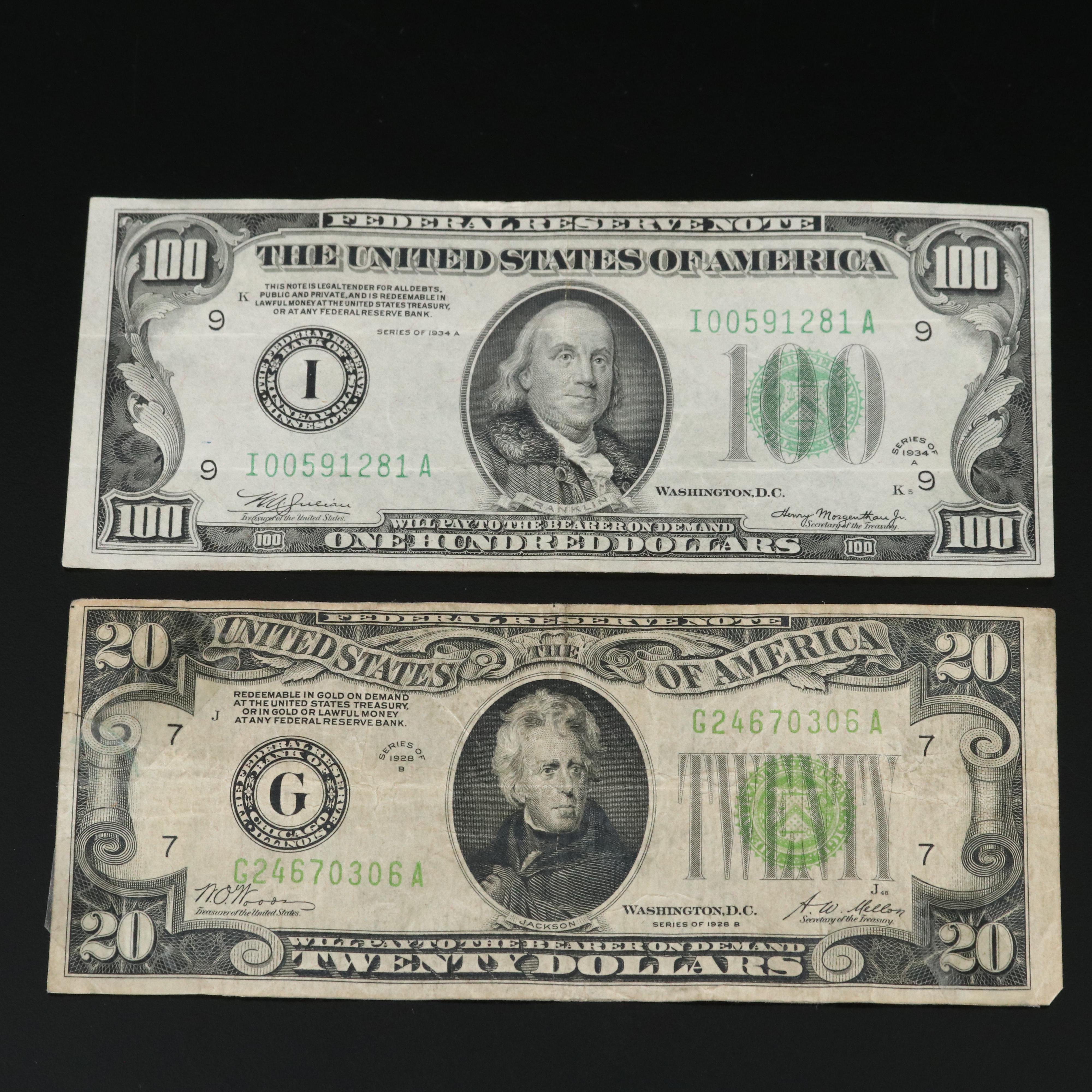 Five Vintage $100 Federal Reserve Notes and a Vintage $20 Federal Reserve Note