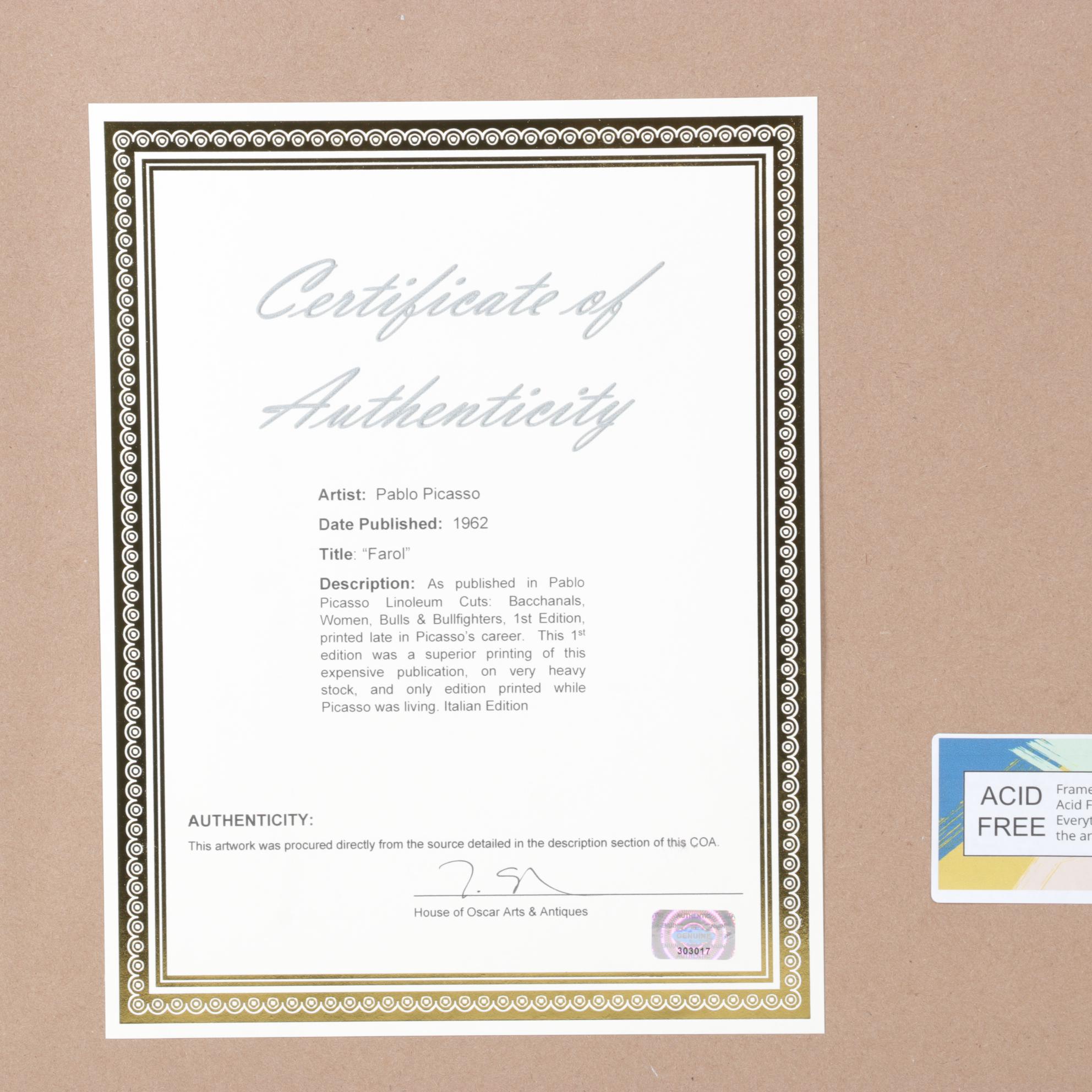 Pablo Picasso Linoleum Cut "Bull Charging a Capa," 1962