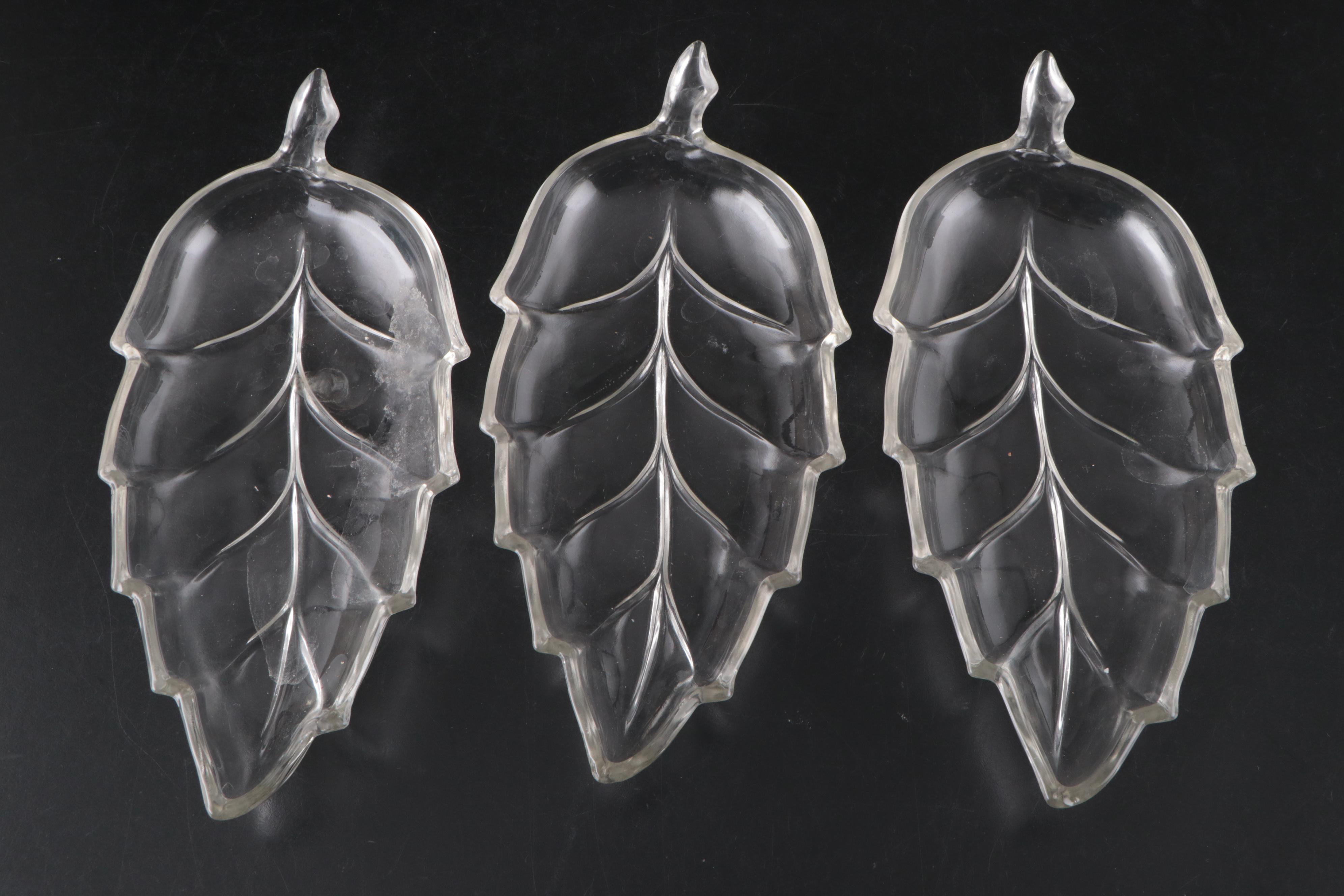 Eales Pressed Glass Shakers with Leaf Shaped Dishes and Pyrex Bowl