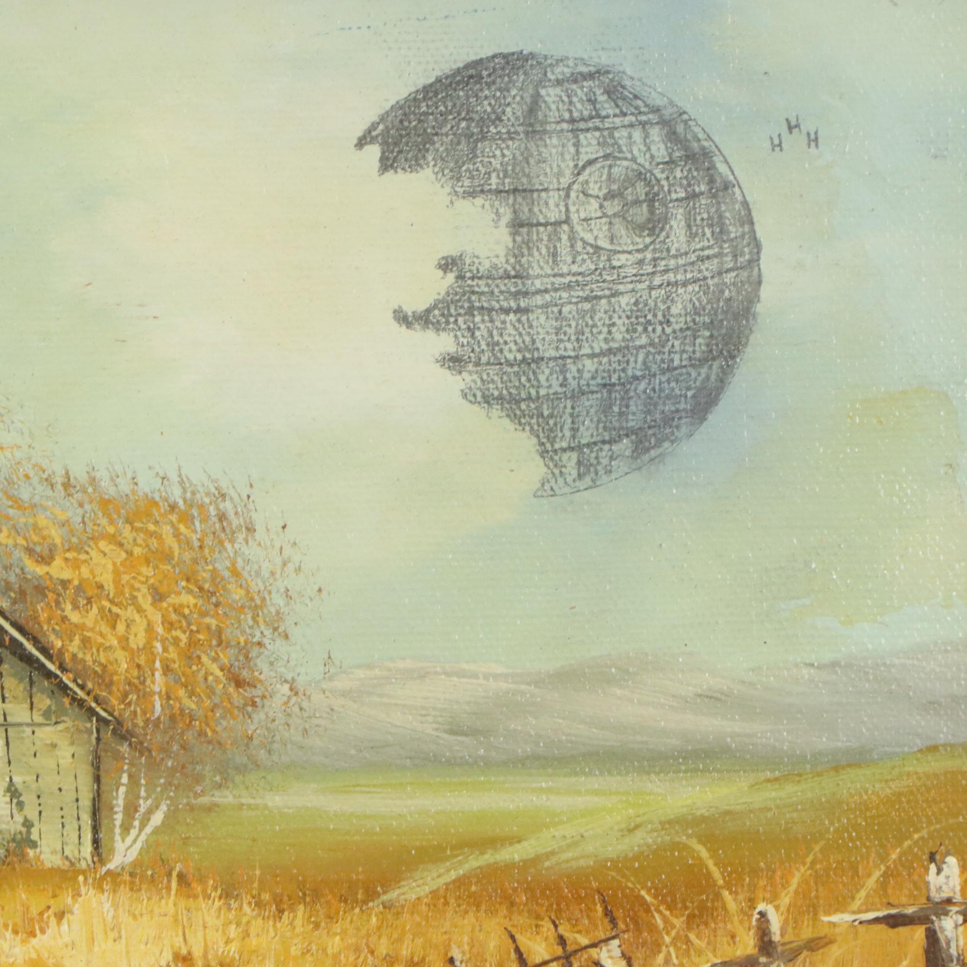 Curka Oil Painting of Rural Landscape with Death Star, 21st Century