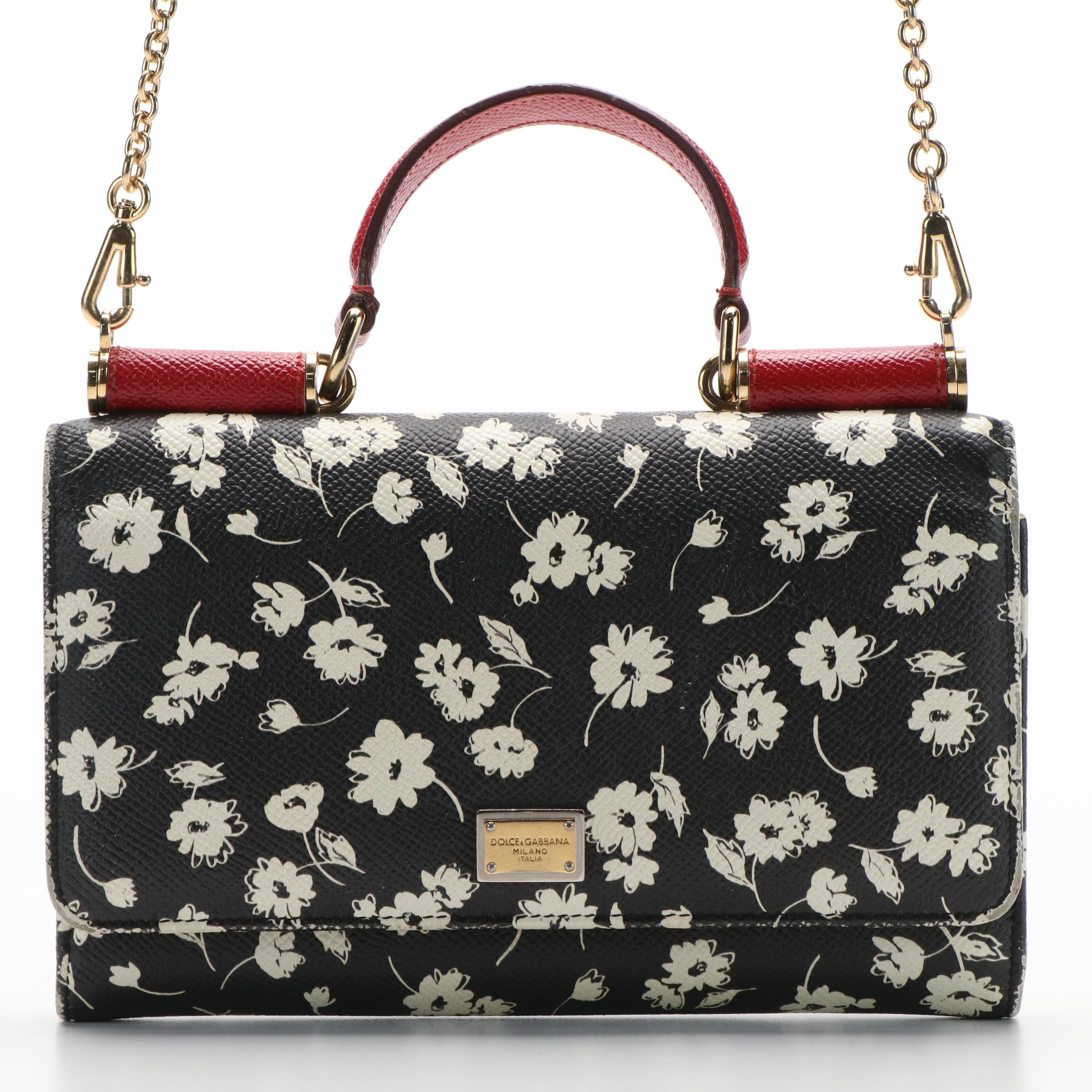 Dolce & Gabana Black and White Floral Print on Miss Sicily Chain Wallet