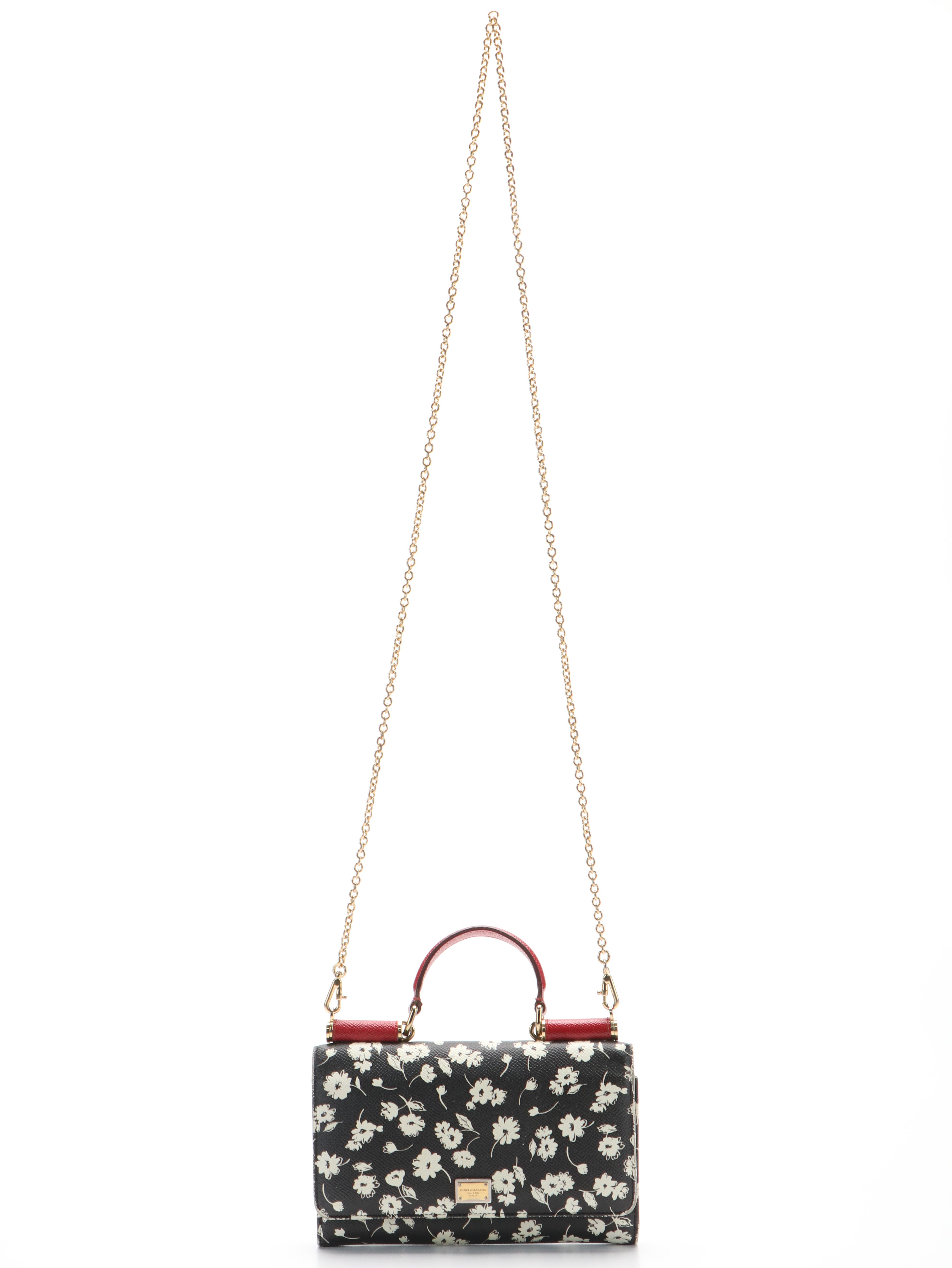 Dolce & Gabana Black and White Floral Print on Miss Sicily Chain Wallet