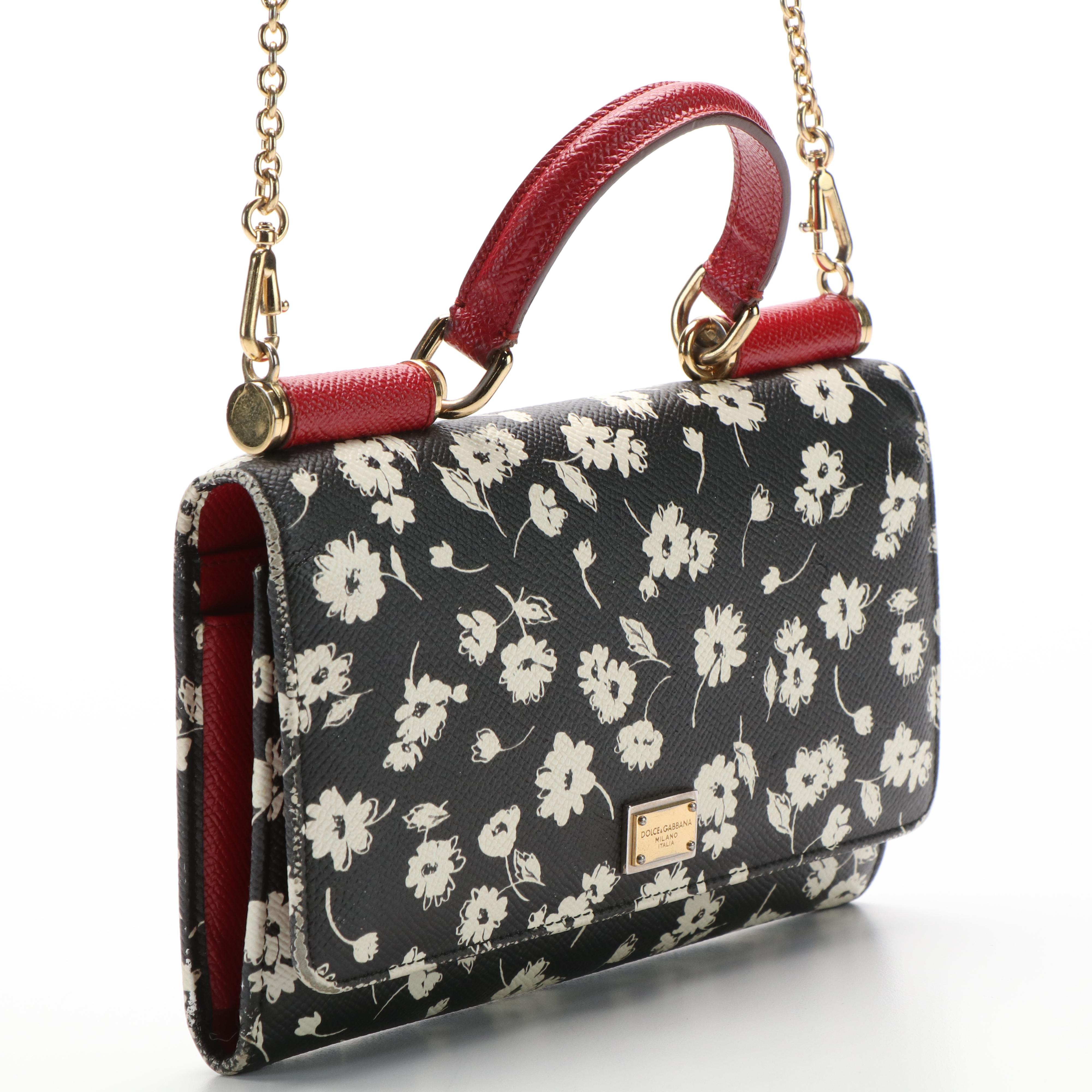 Dolce & Gabana Black and White Floral Print on Miss Sicily Chain Wallet