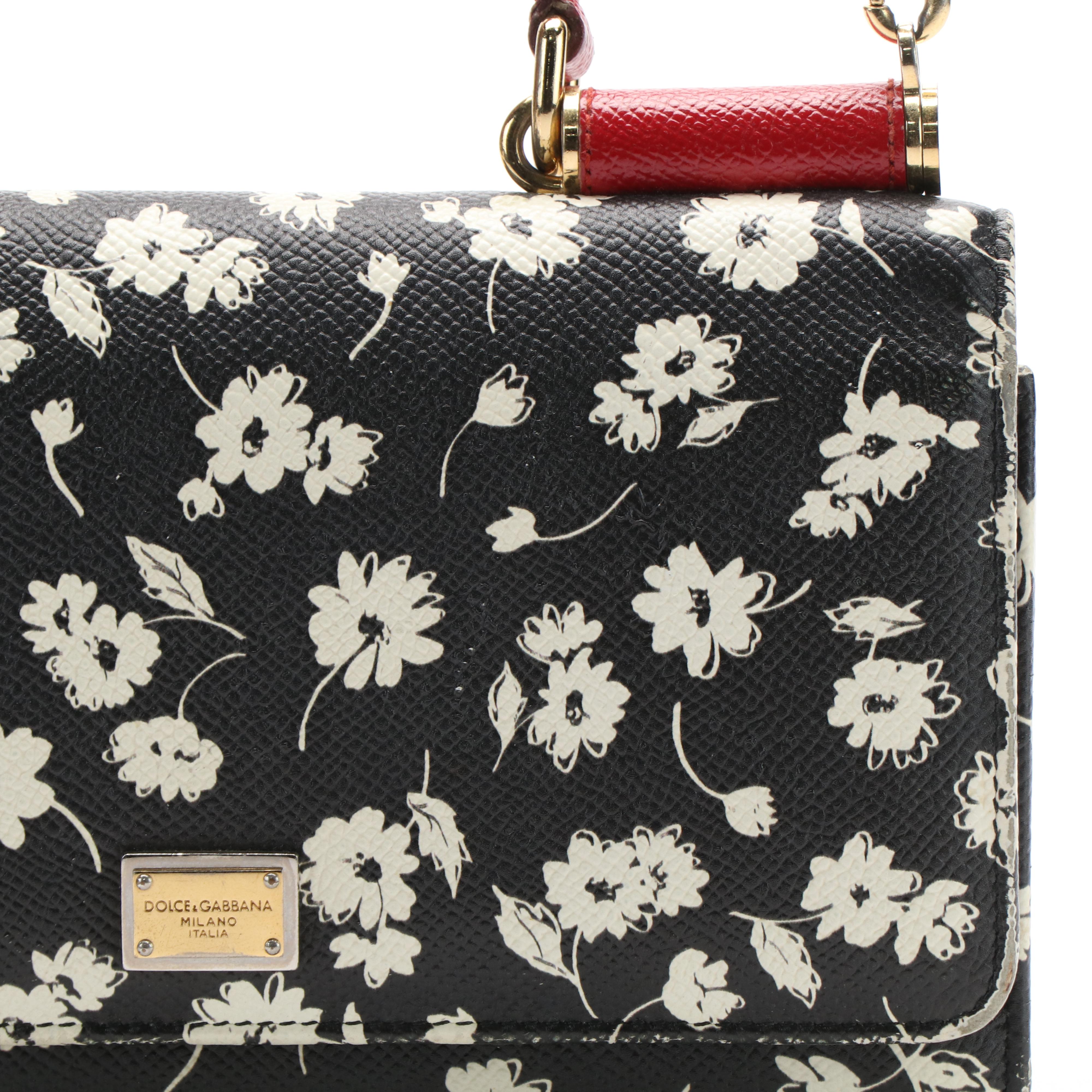 Dolce & Gabana Black and White Floral Print on Miss Sicily Chain Wallet