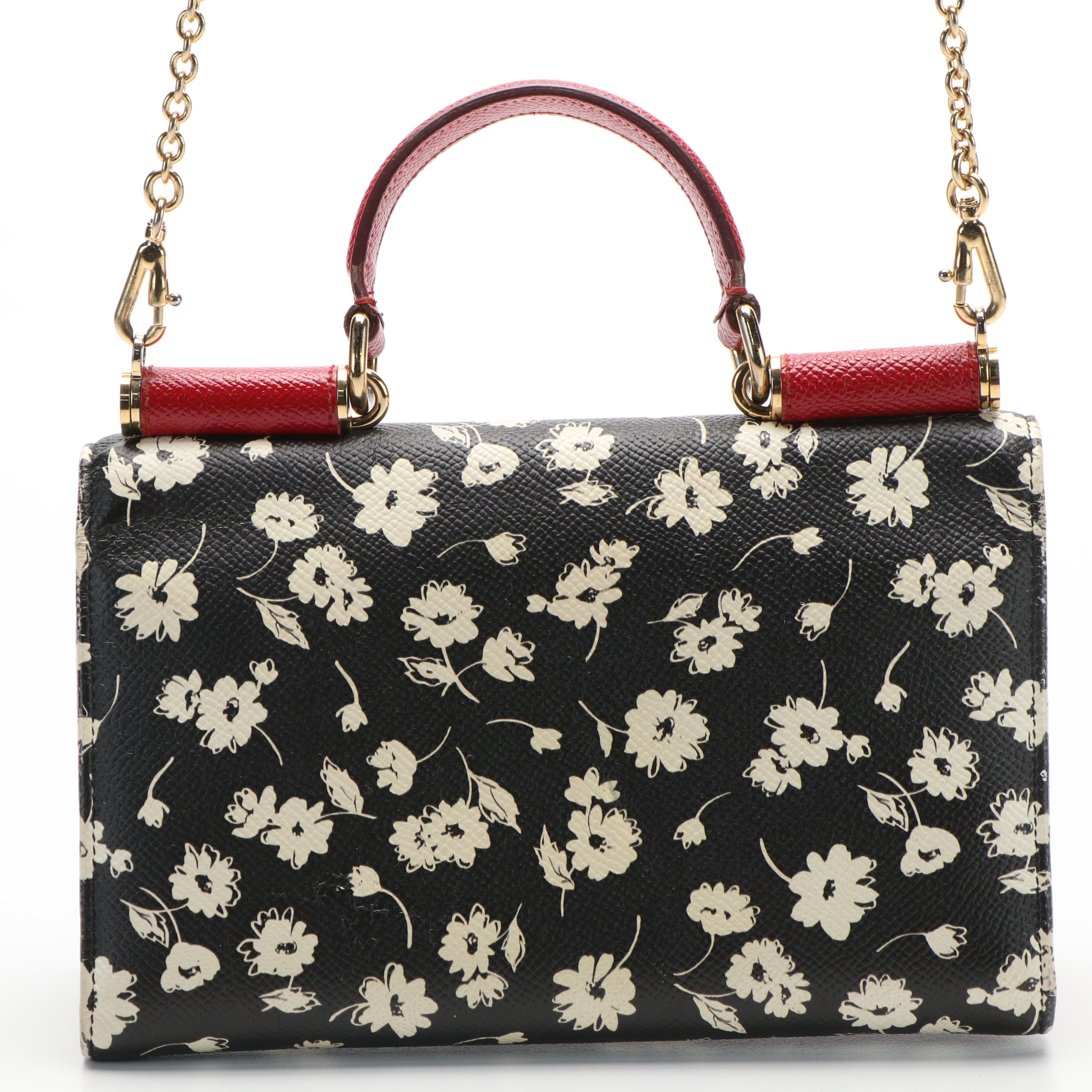 Dolce & Gabana Black and White Floral Print on Miss Sicily Chain Wallet