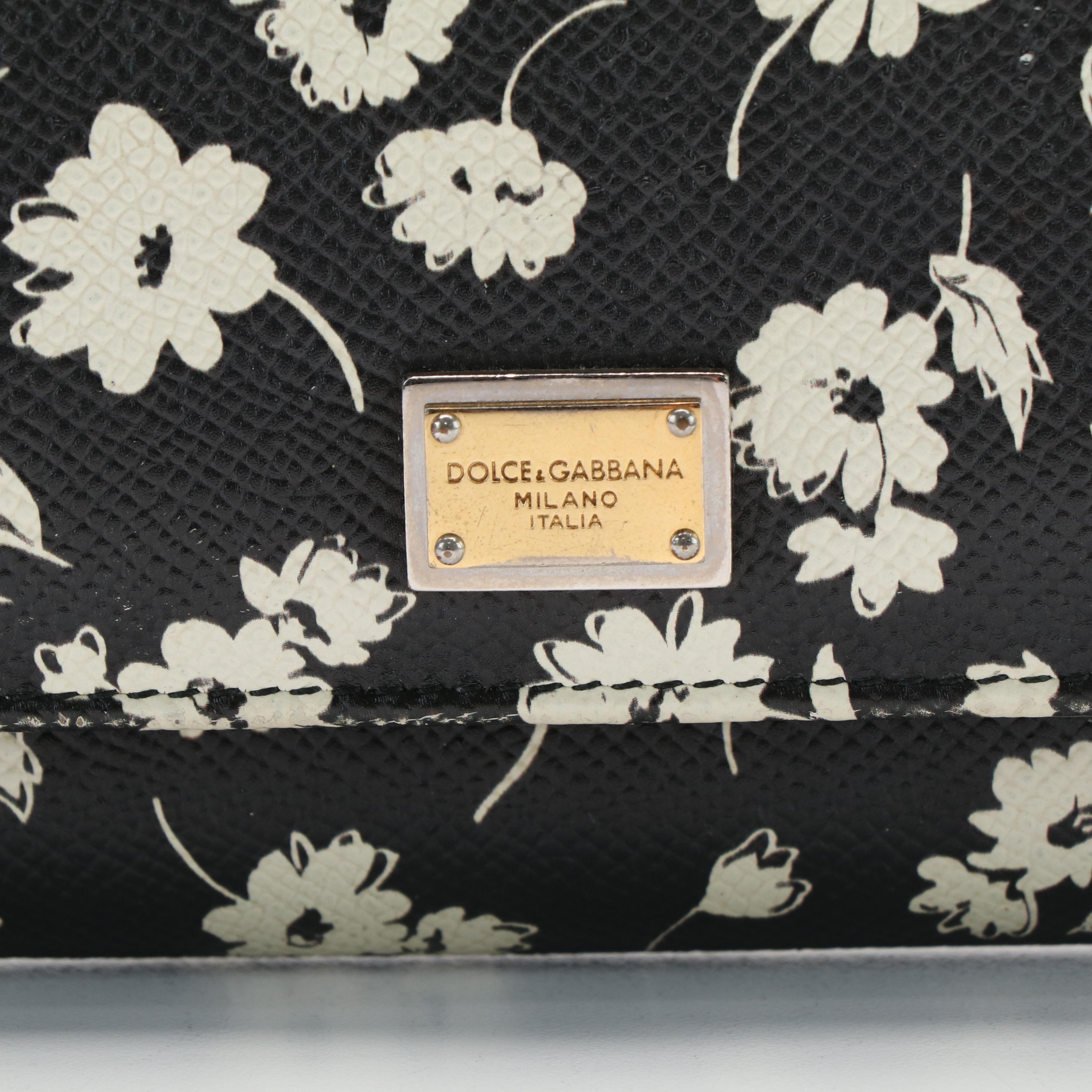 Dolce & Gabana Black and White Floral Print on Miss Sicily Chain Wallet