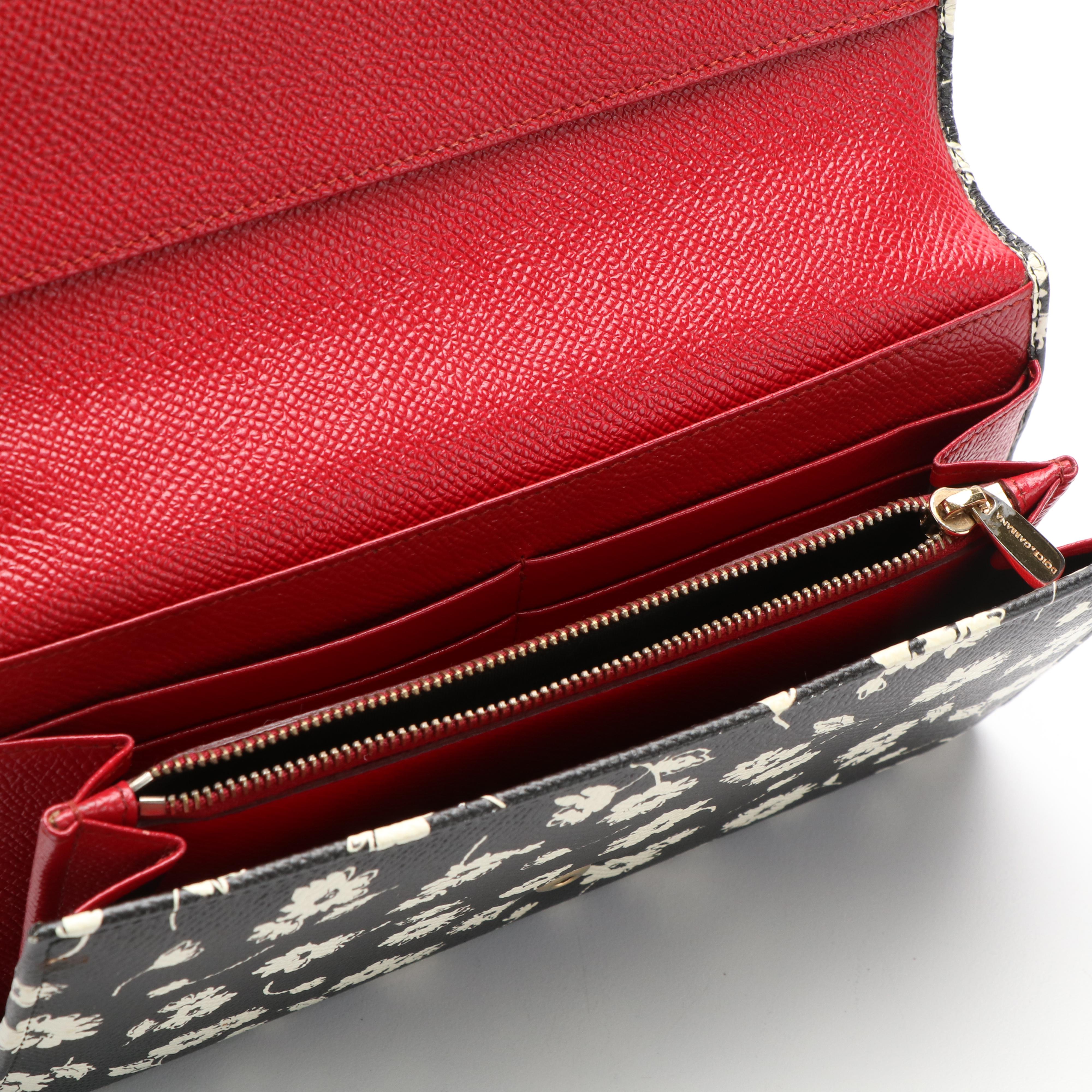 Dolce & Gabana Black and White Floral Print on Miss Sicily Chain Wallet