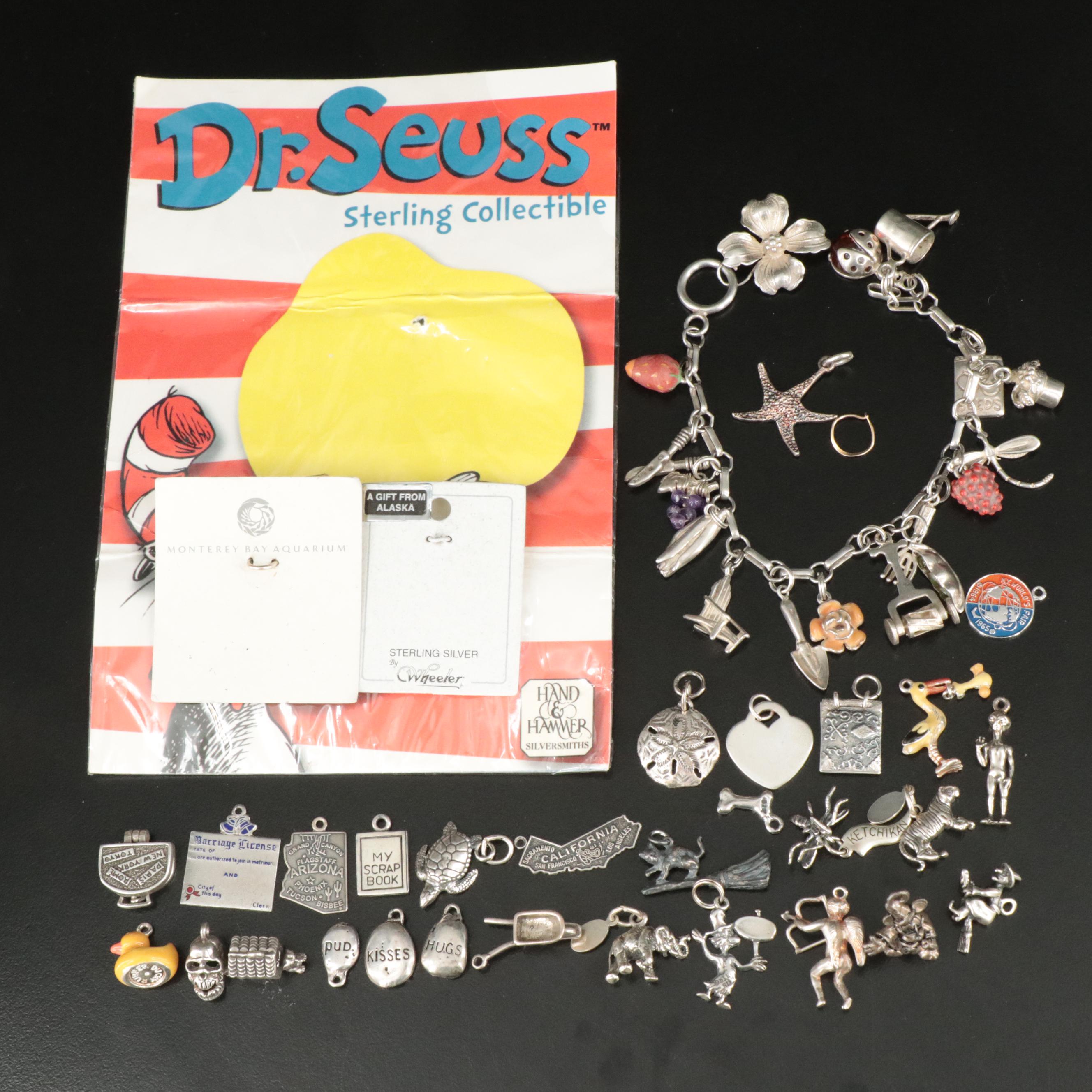 Sterling Charm Bracelet with Attached and Unattached Charms Featuring 14K