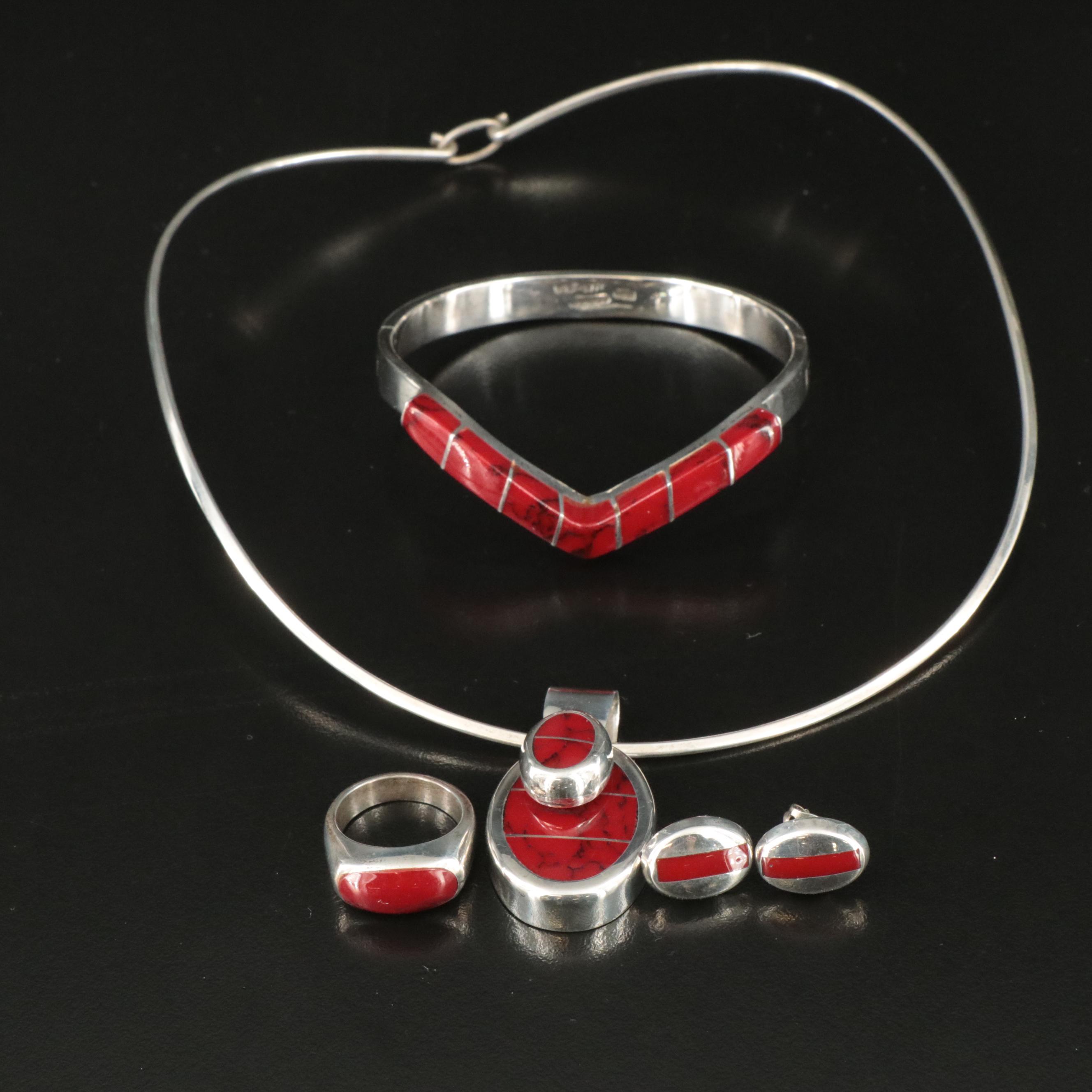 Mexican Sterling and 950 Silver Faux Stone and Resin Inlay Jewelry Set