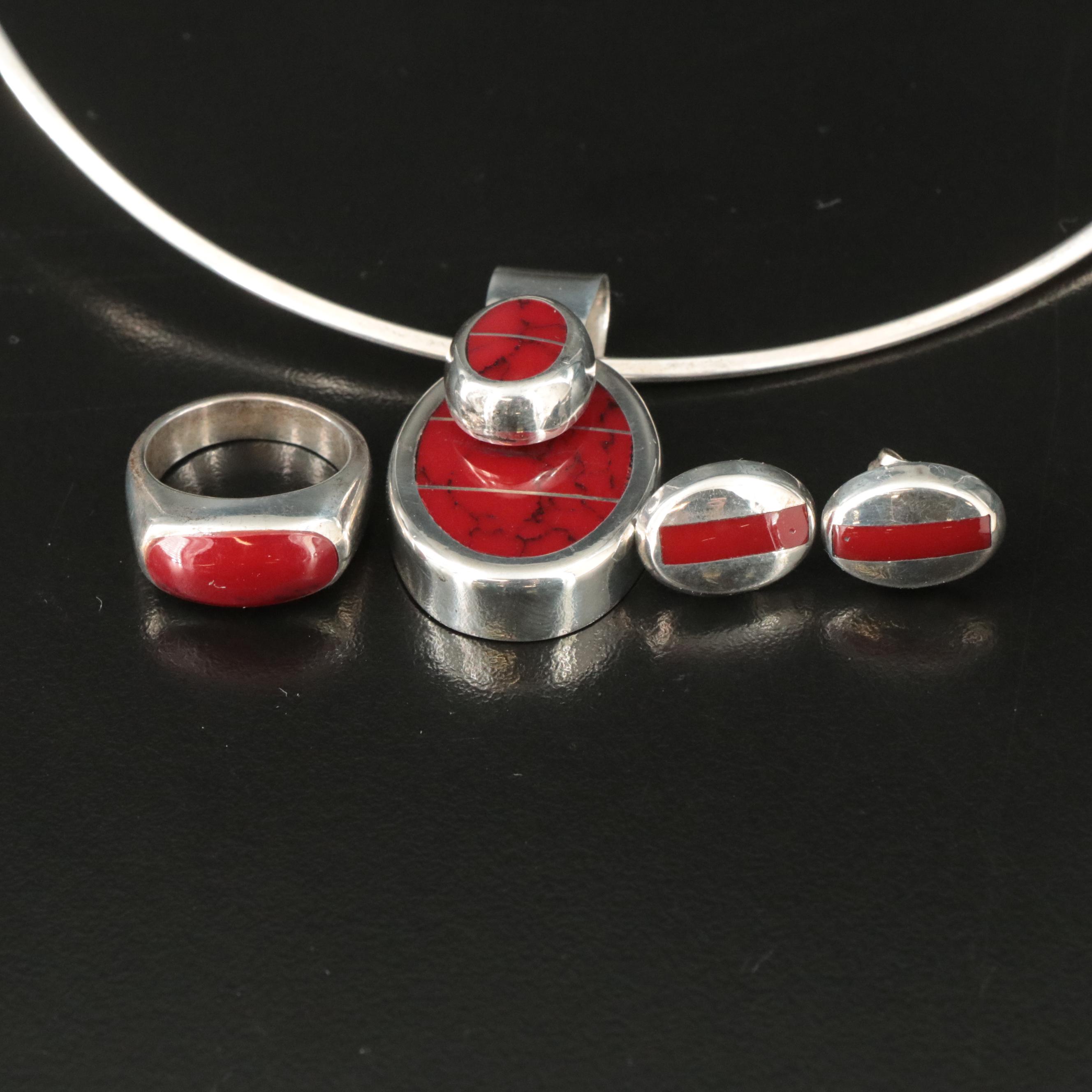 Mexican Sterling and 950 Silver Faux Stone and Resin Inlay Jewelry Set