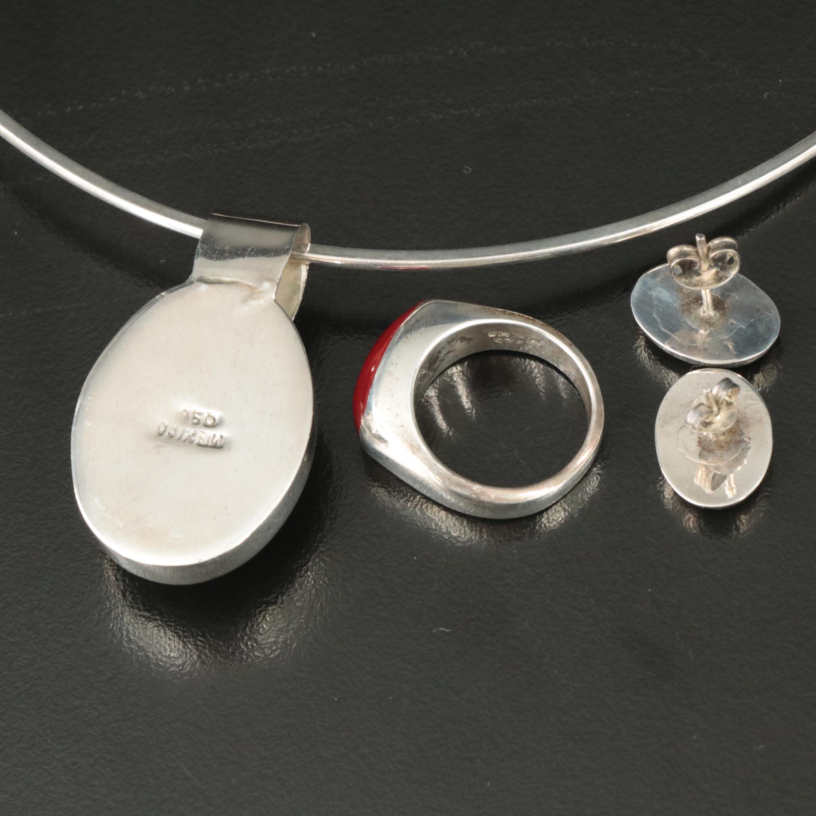 Mexican Sterling and 950 Silver Faux Stone and Resin Inlay Jewelry Set