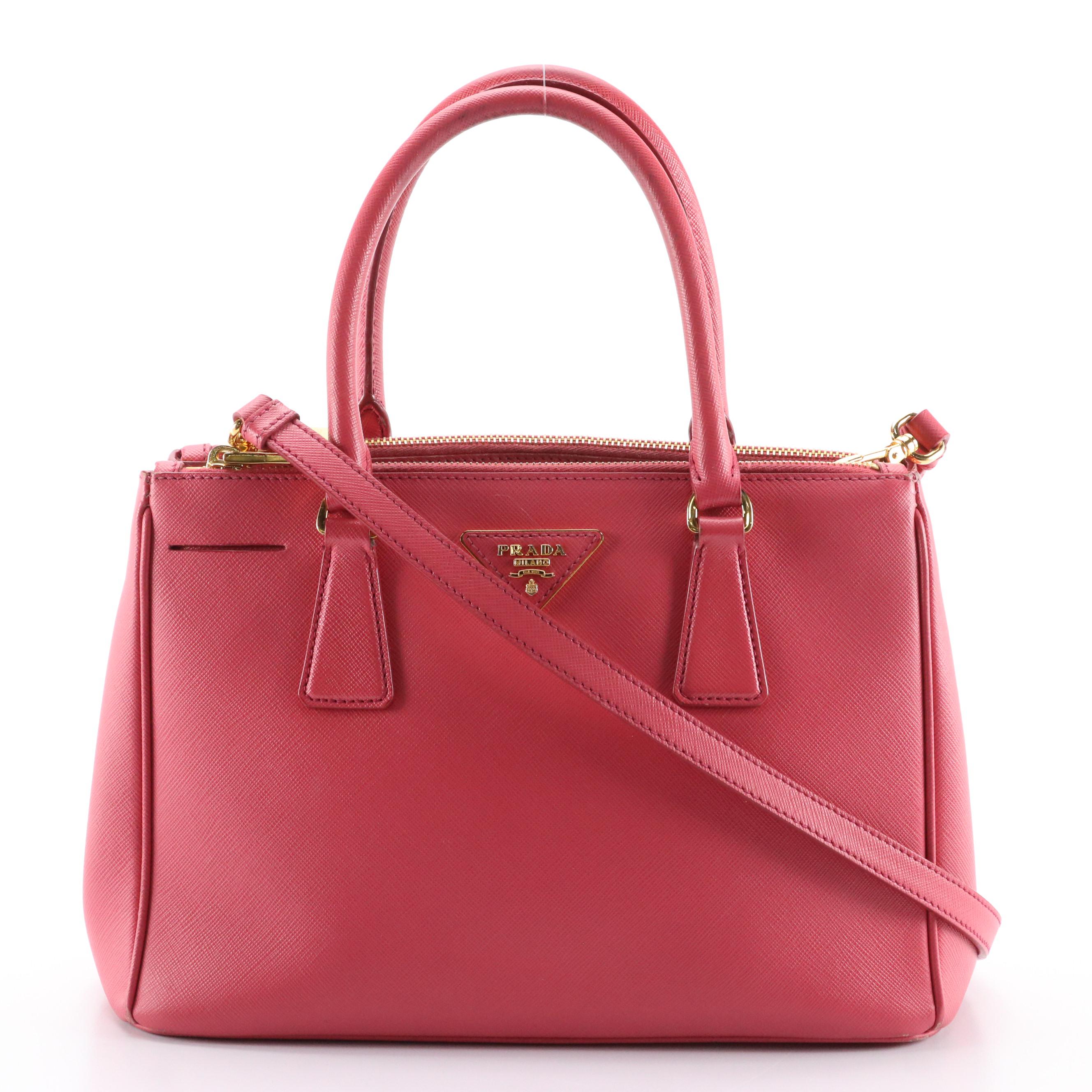 Prada Small Double Zip Galleria Handbag in Peonia Pink Saffiano Lux Leather