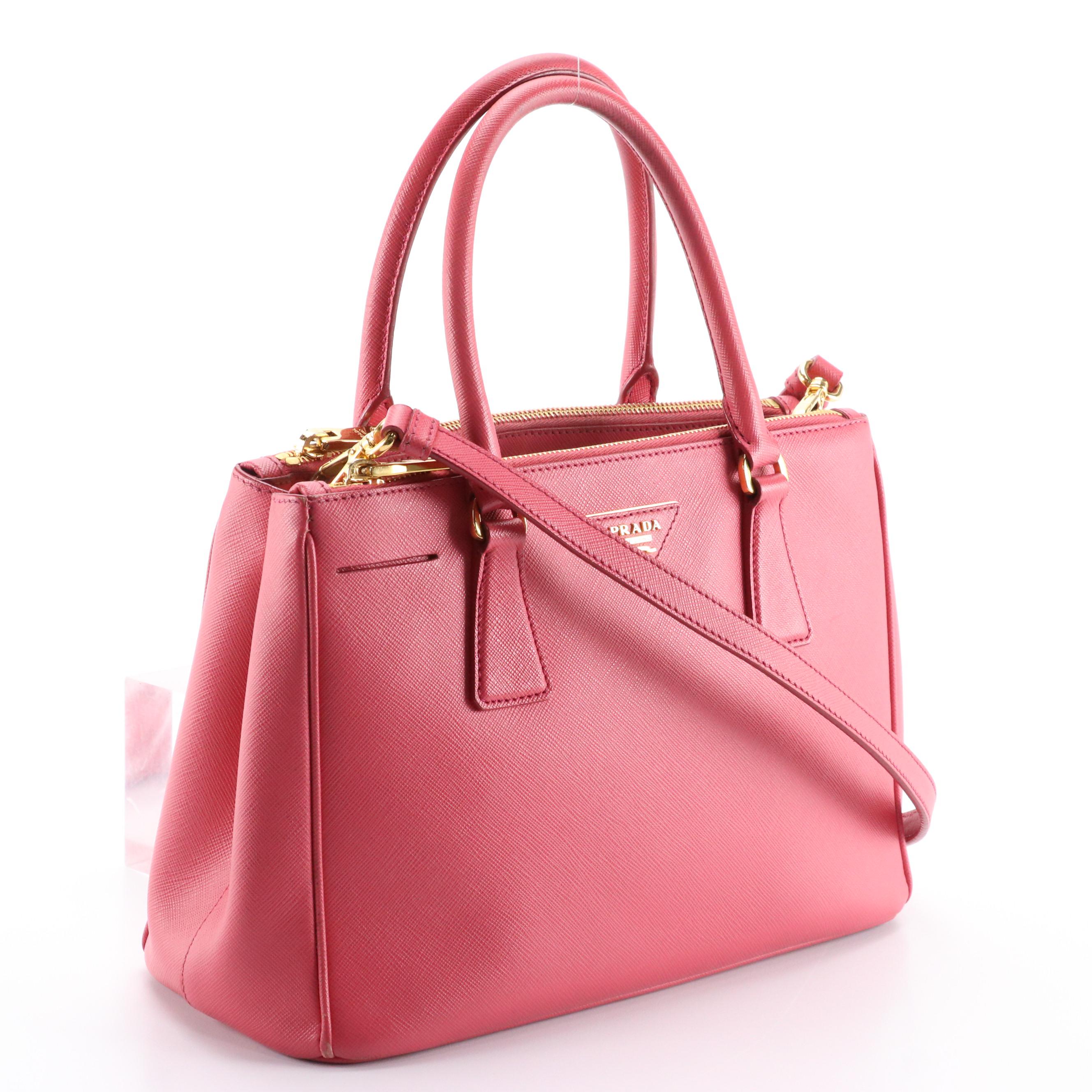 Prada Small Double Zip Galleria Handbag in Peonia Pink Saffiano Lux Leather