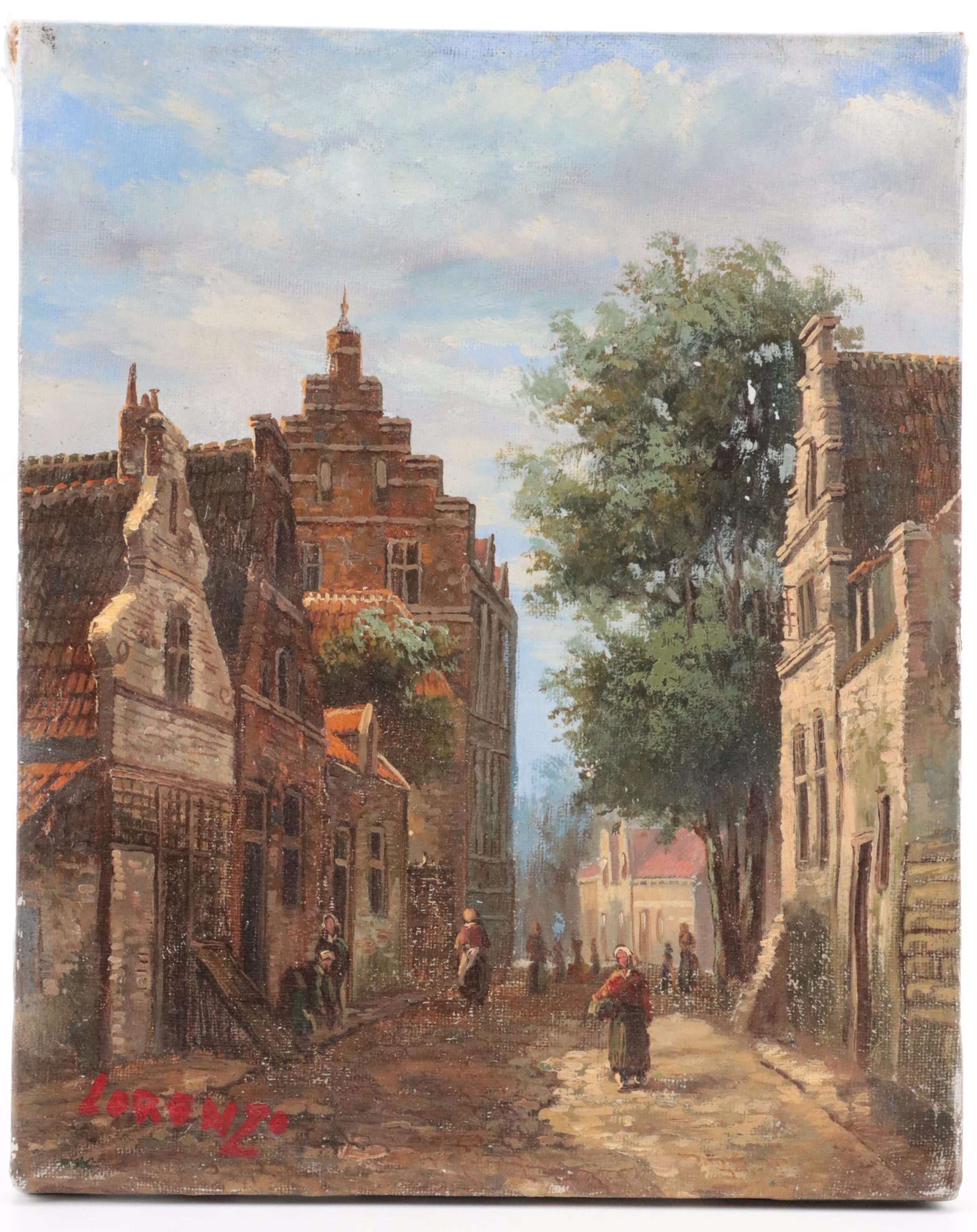 Lorenzo Oil Painting of European Streetscape, Late 20th Century