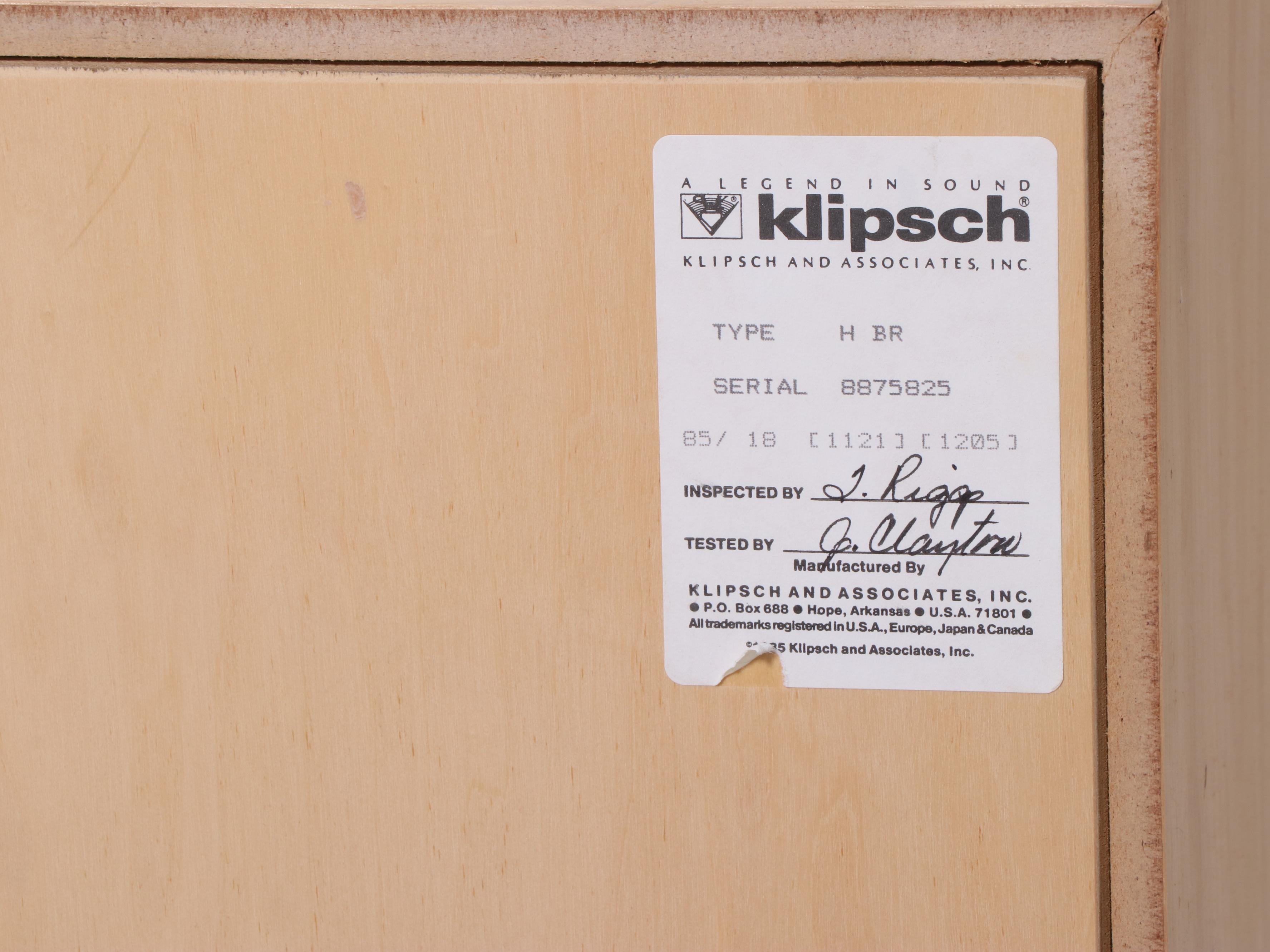 Klipsch Heresy II HBR Floor Standing Speakers, Late 20th Century