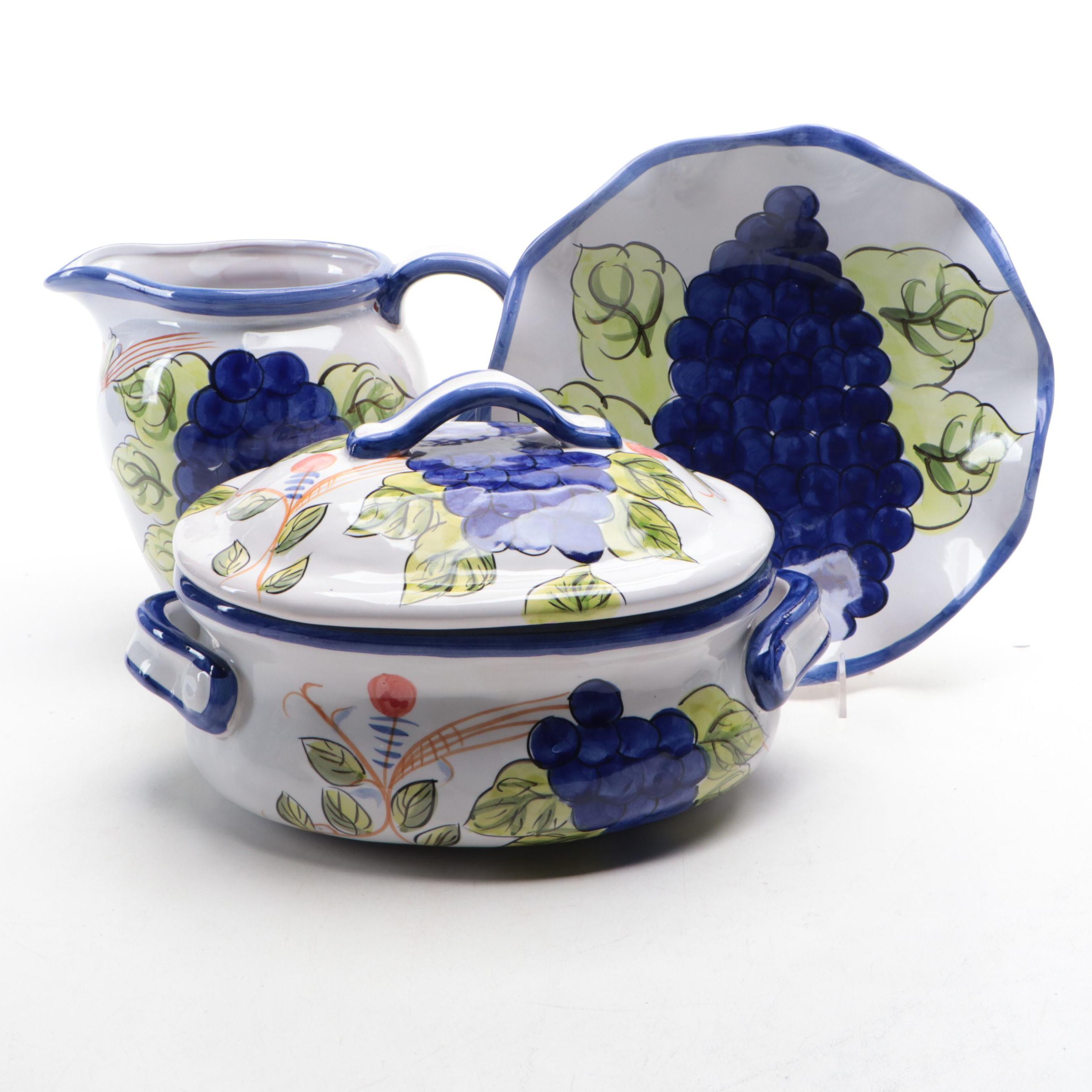 Grapevine Majolica Pitcher, Platter, and Covered Dish
