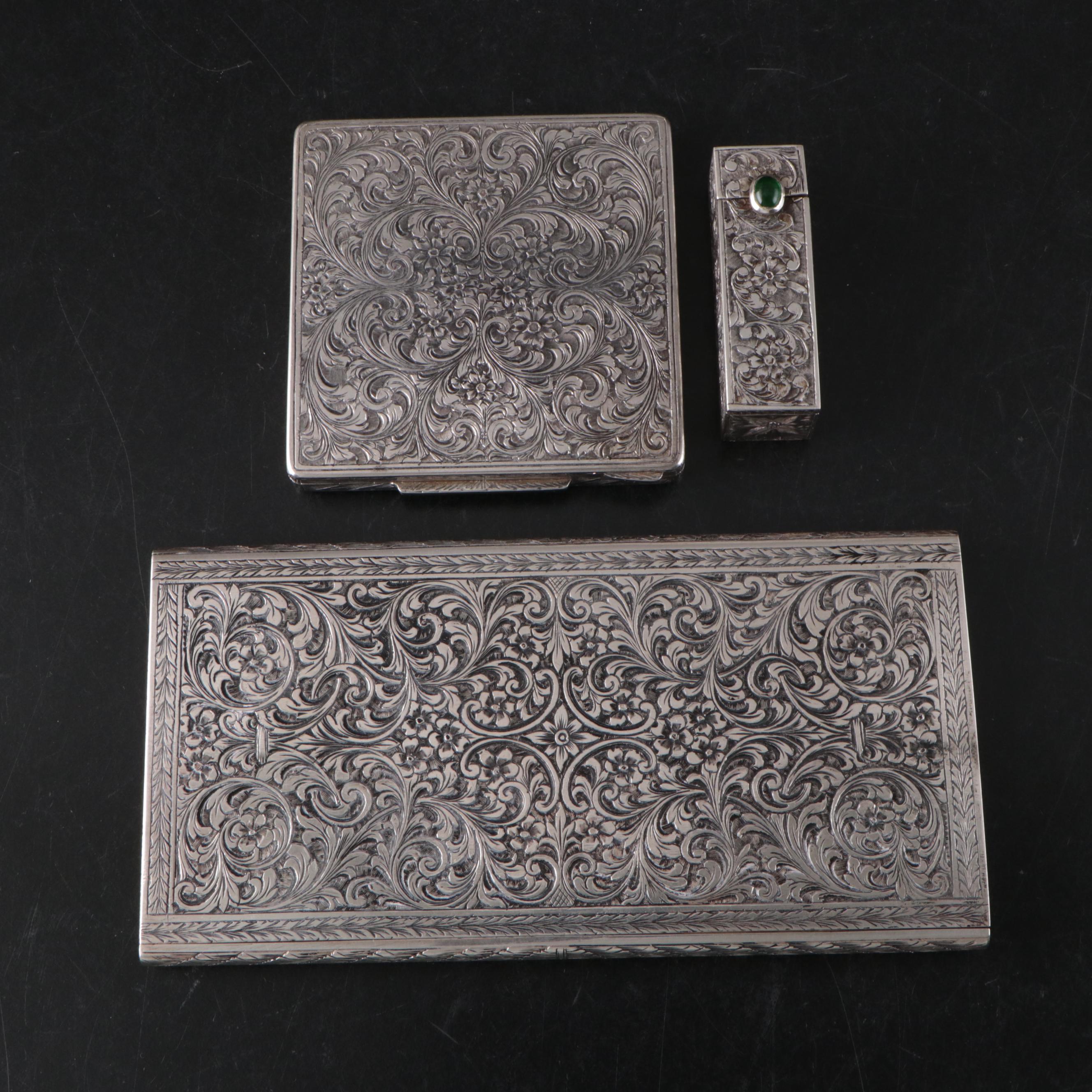 800 Silver Art Deco Chased Cigarette Case, Powder Compact, and Lipstick Case