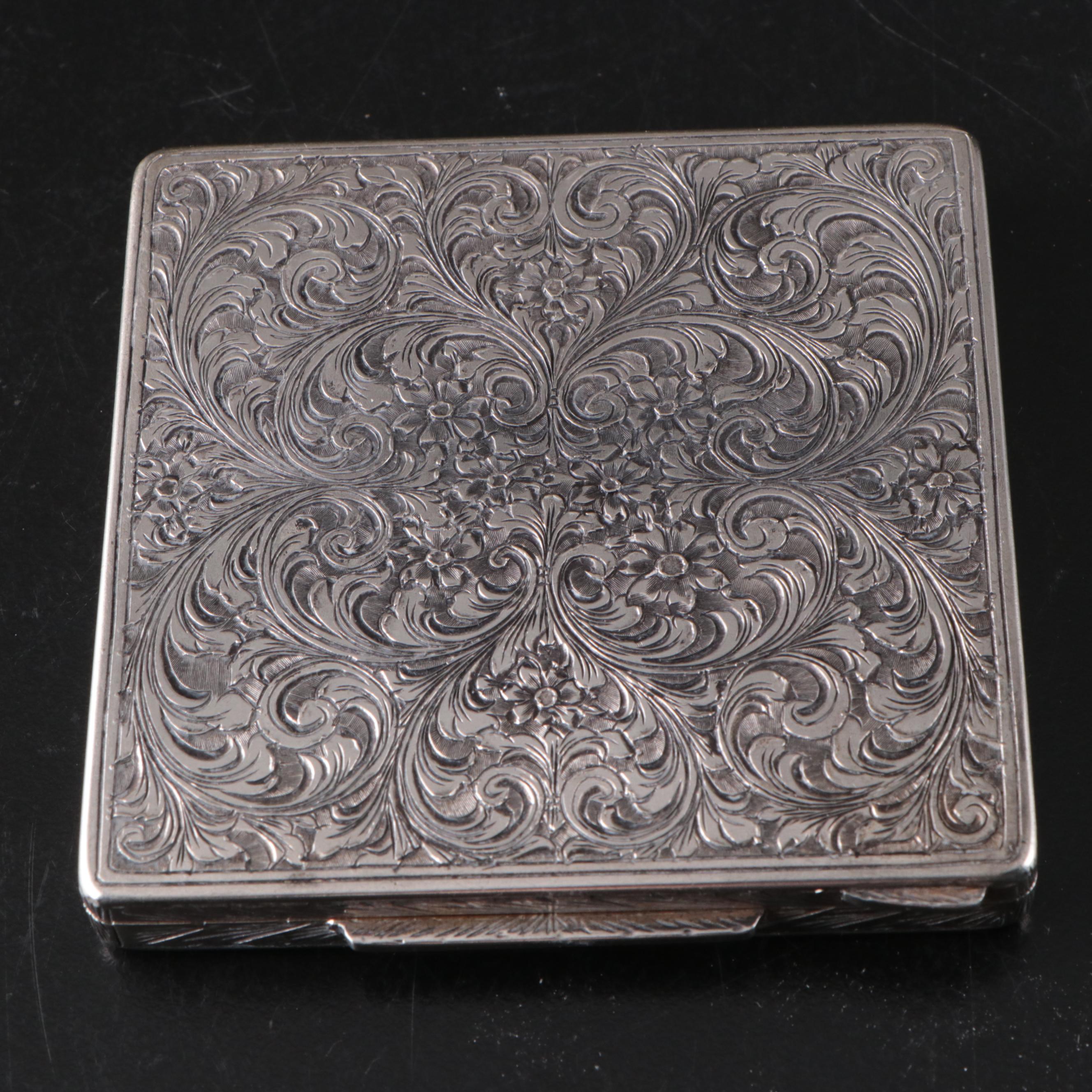 800 Silver Art Deco Chased Cigarette Case, Powder Compact, and Lipstick Case