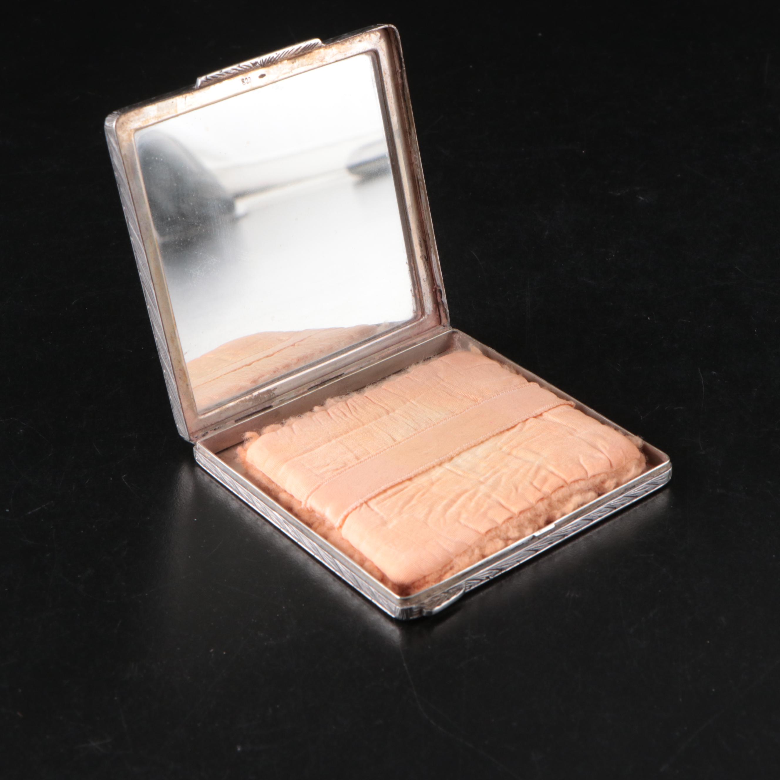 800 Silver Art Deco Chased Cigarette Case, Powder Compact, and Lipstick Case