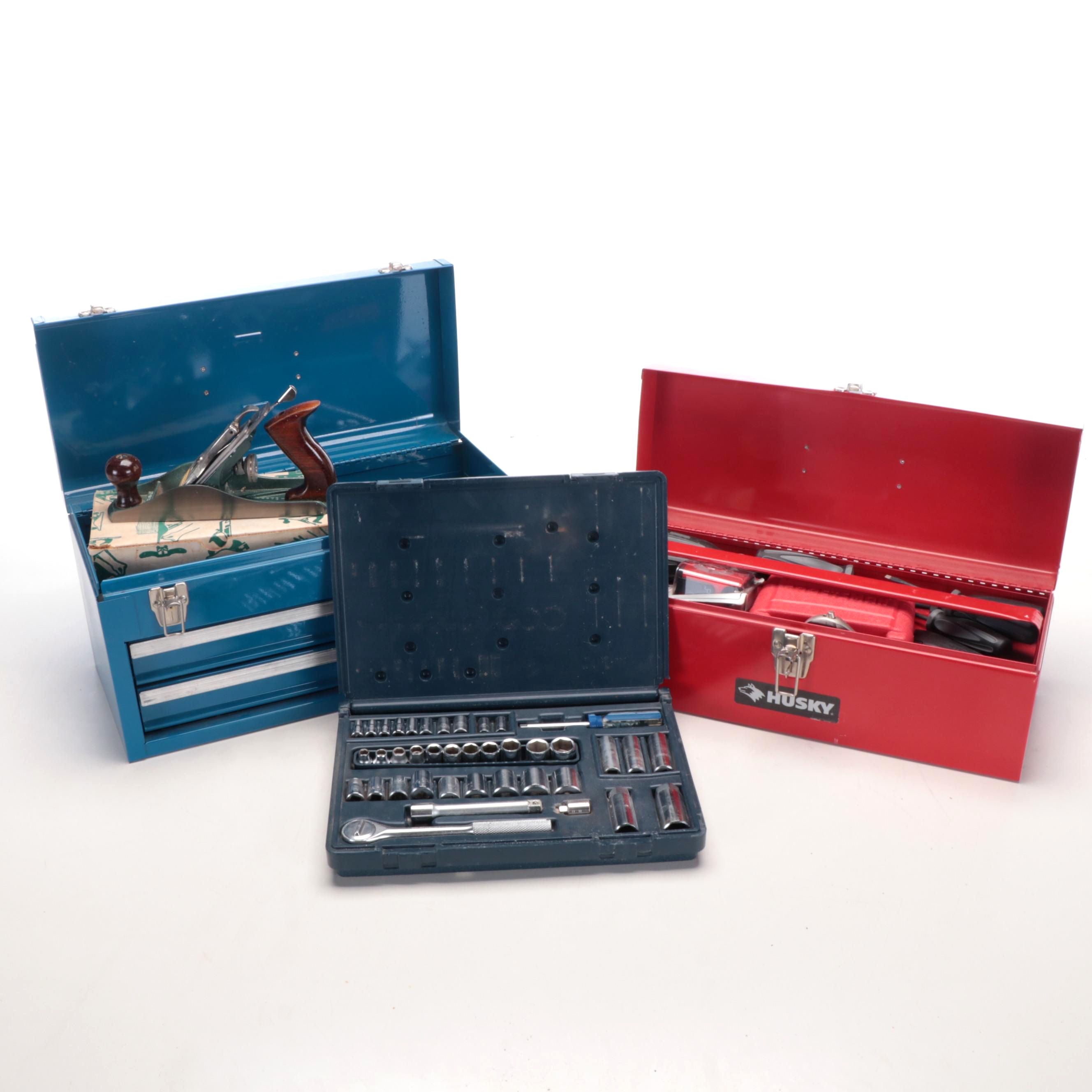 Husky and Companion Metal Tool Boxes with Socket Wrench Set, Assorted Hand Tools