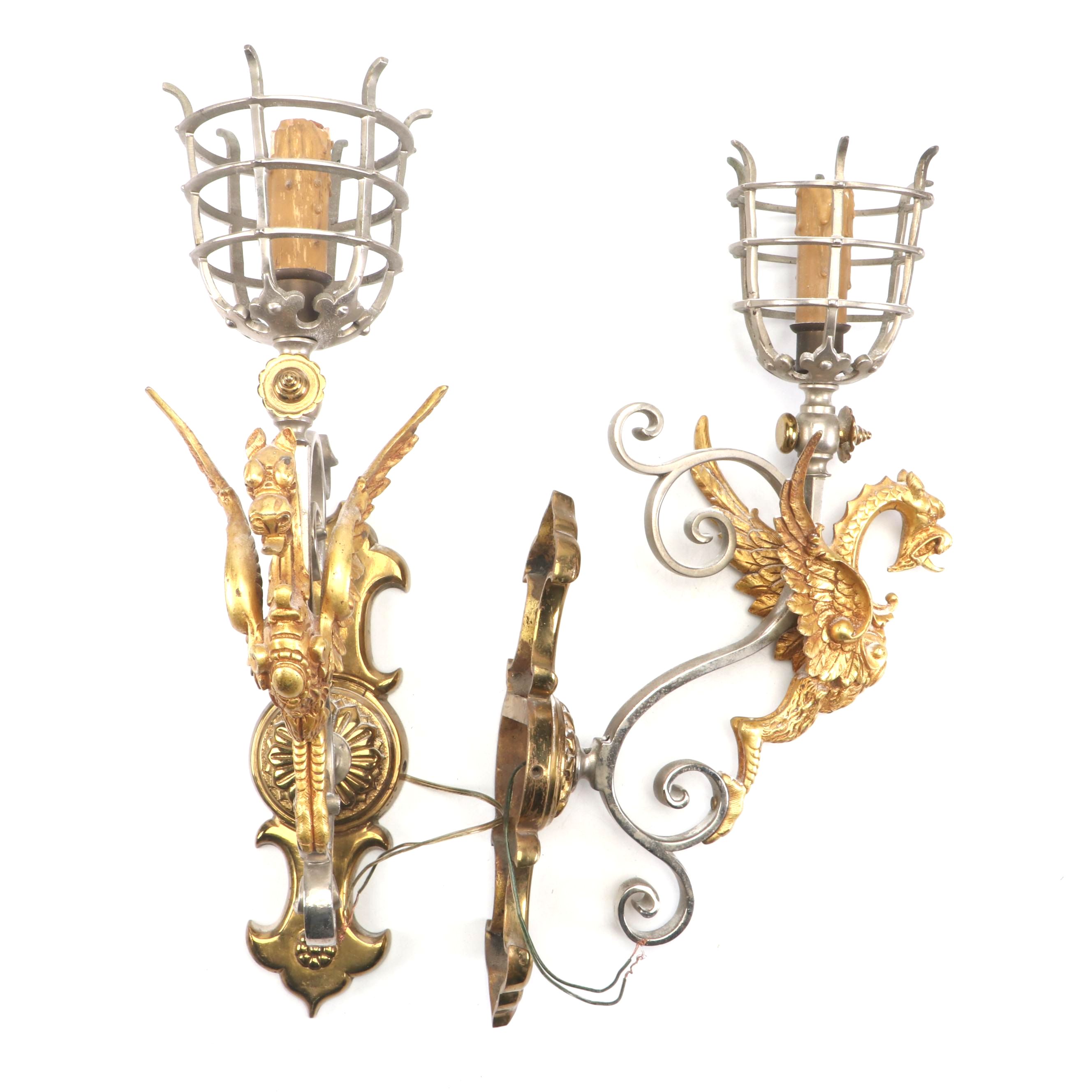Gothic Revival Brass and Metal Chimera Figure Wall Sconces, early 20th C