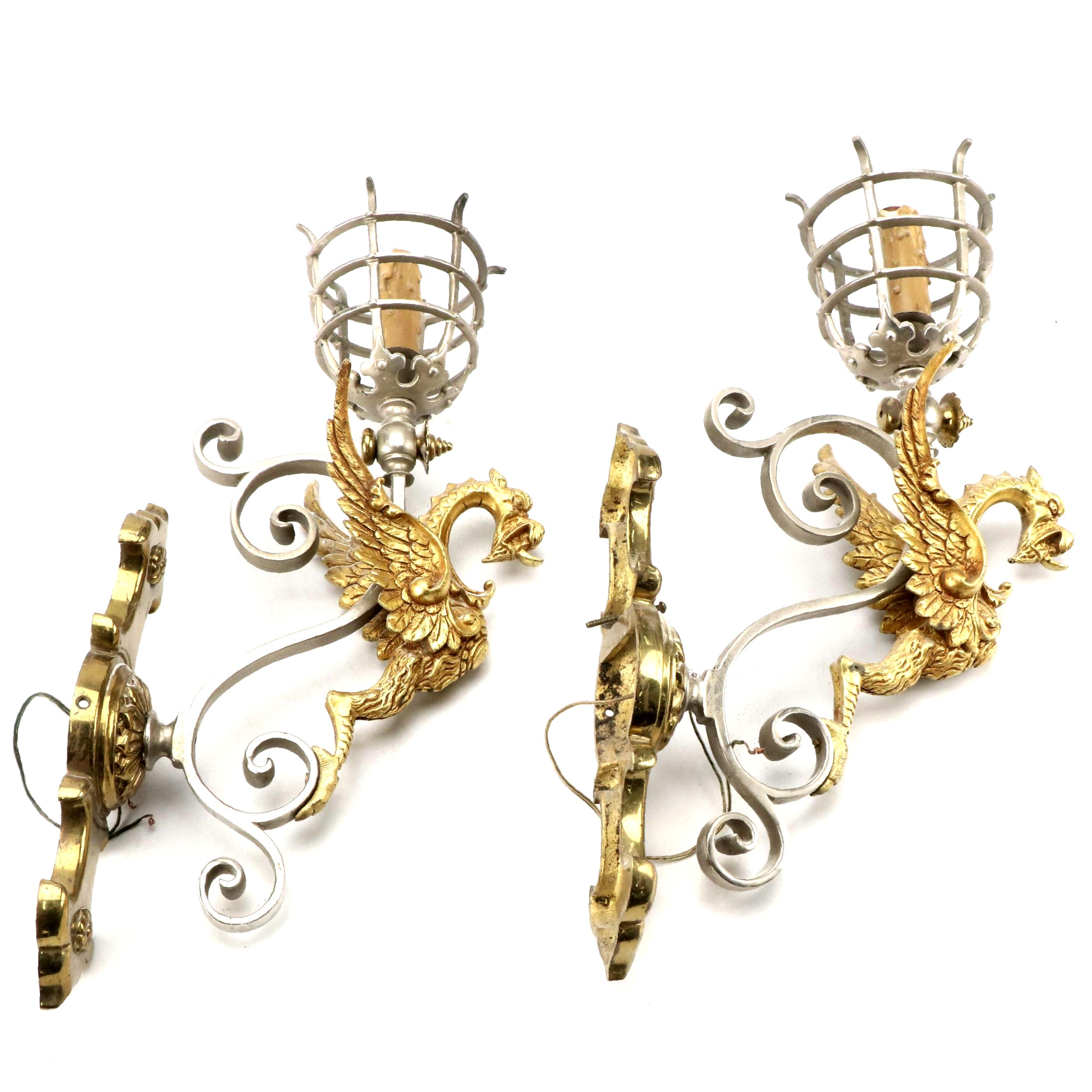 Gothic Revival Brass and Metal Chimera Figure Wall Sconces, early 20th C