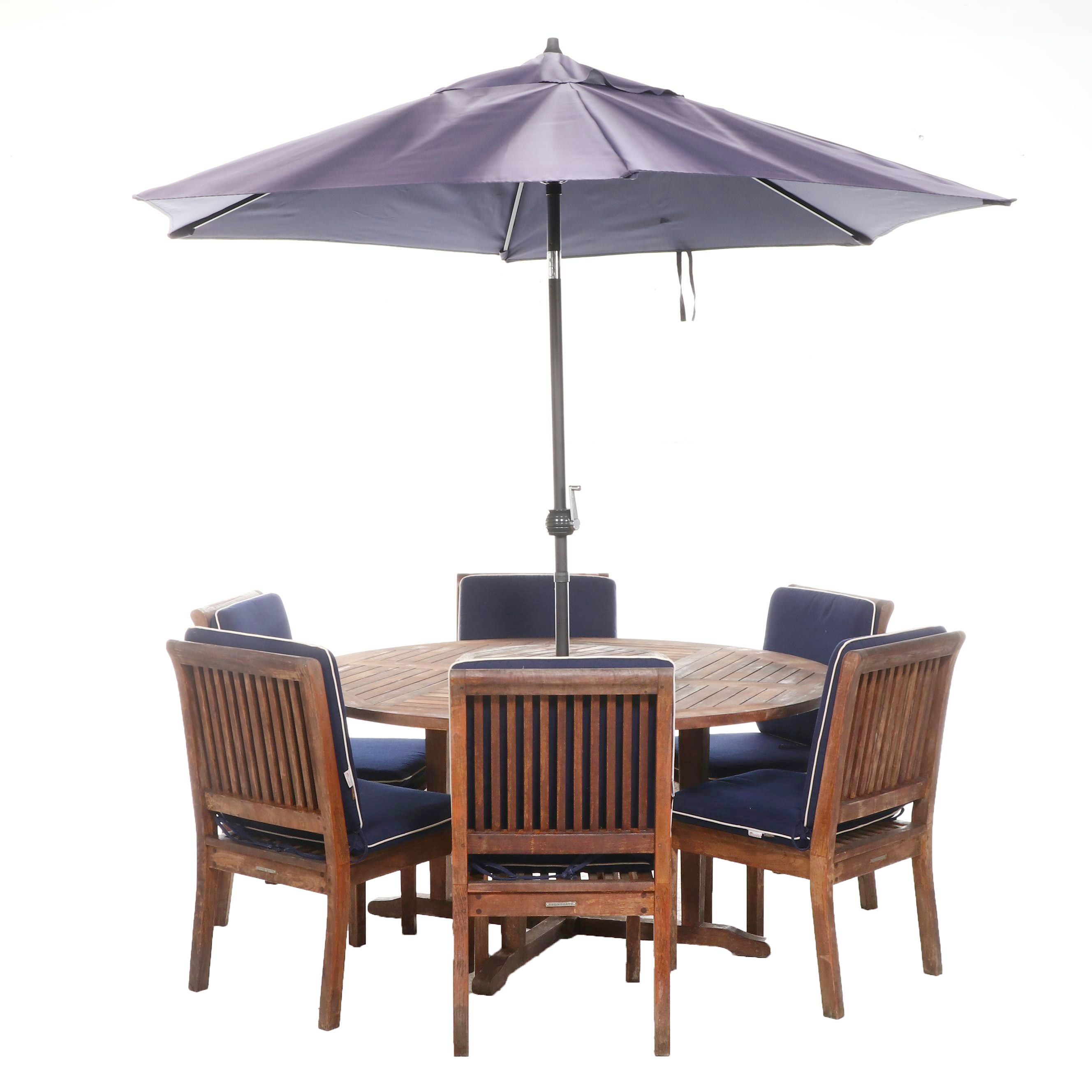 Frontgate Seven-Piece Teak Patio Dining Set with Umbrella and Sunbrella Cushions