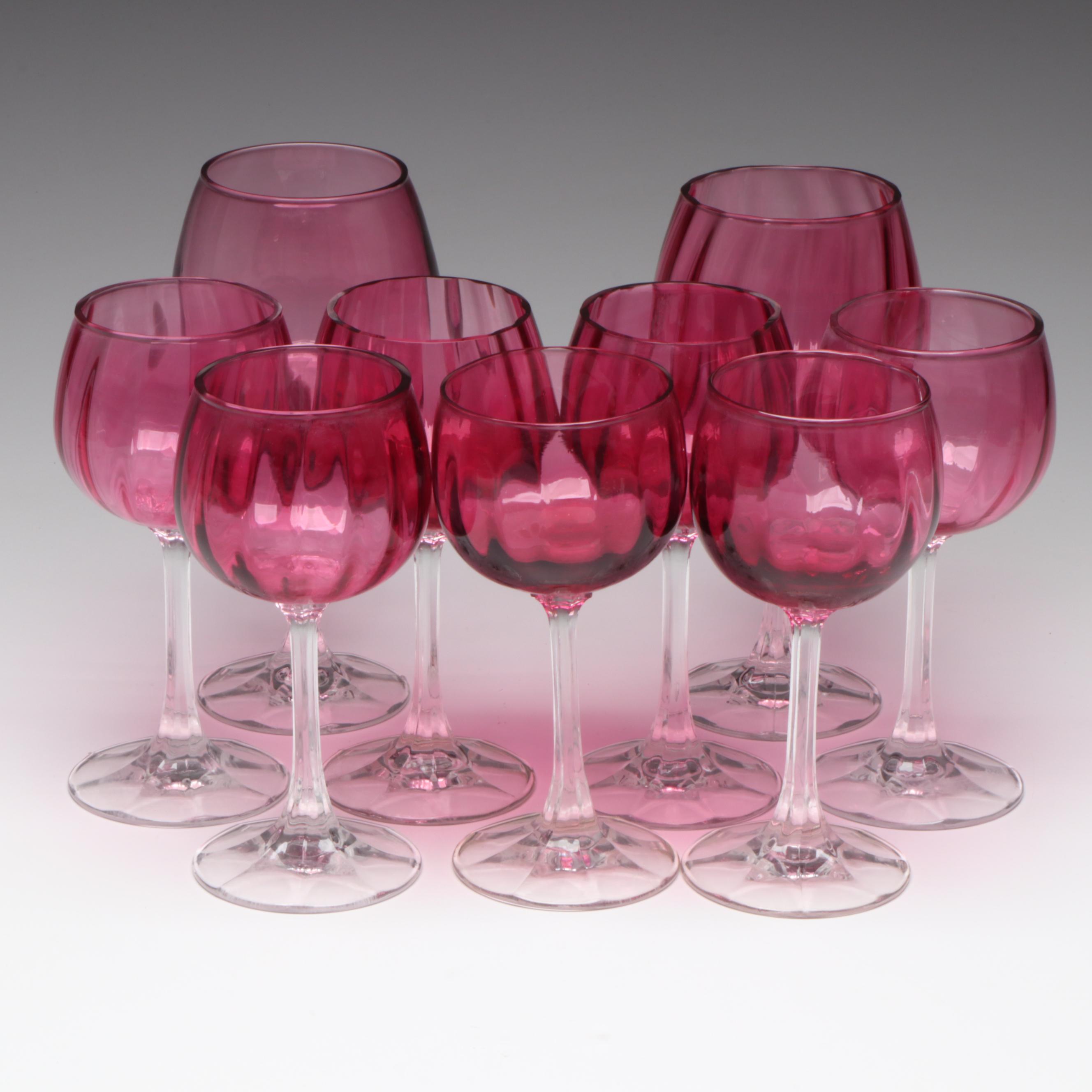 Cranberry and Clear Stemmed Wine Glasses