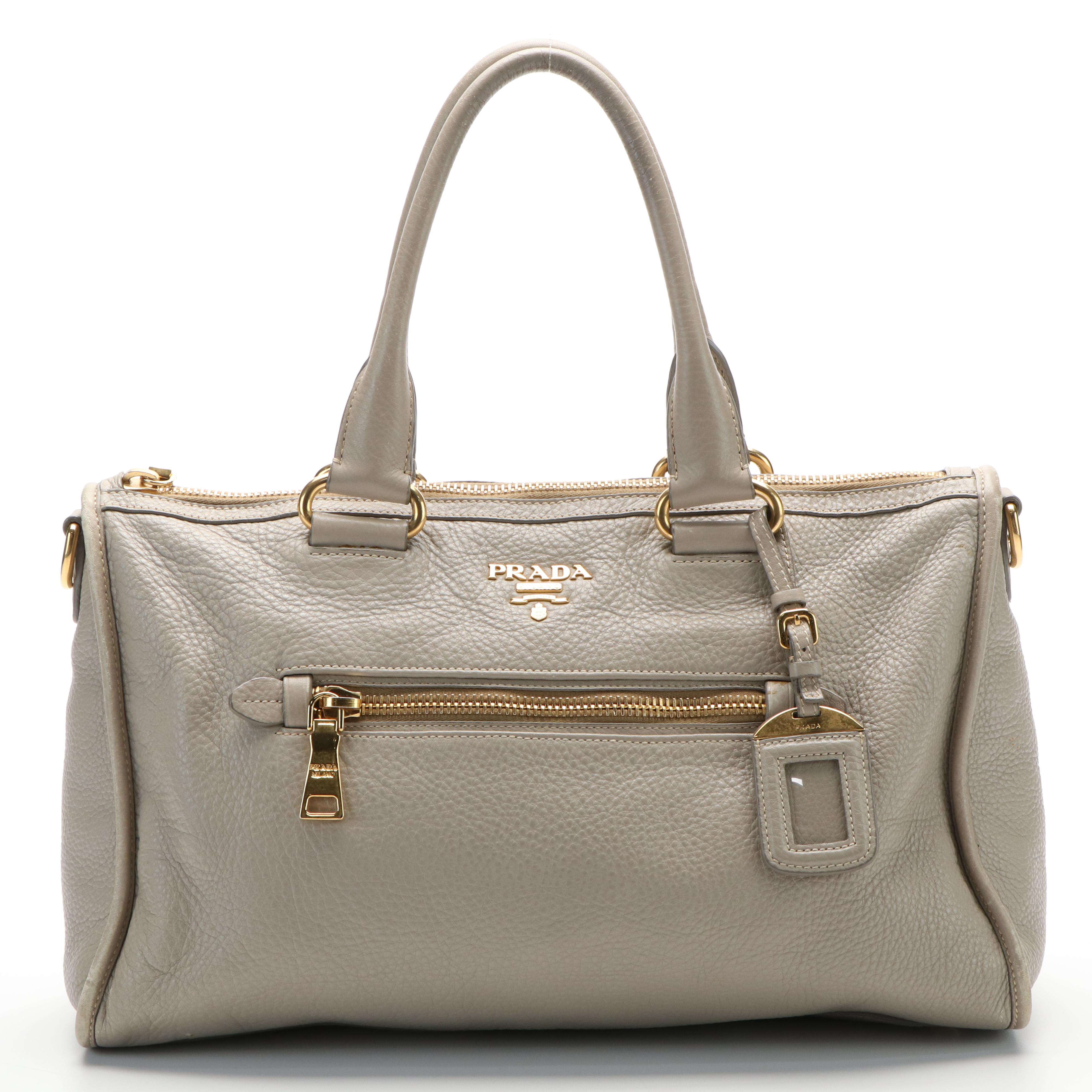 Prada Gray Leather Vitello Daino Front Zip Convertible Satchel