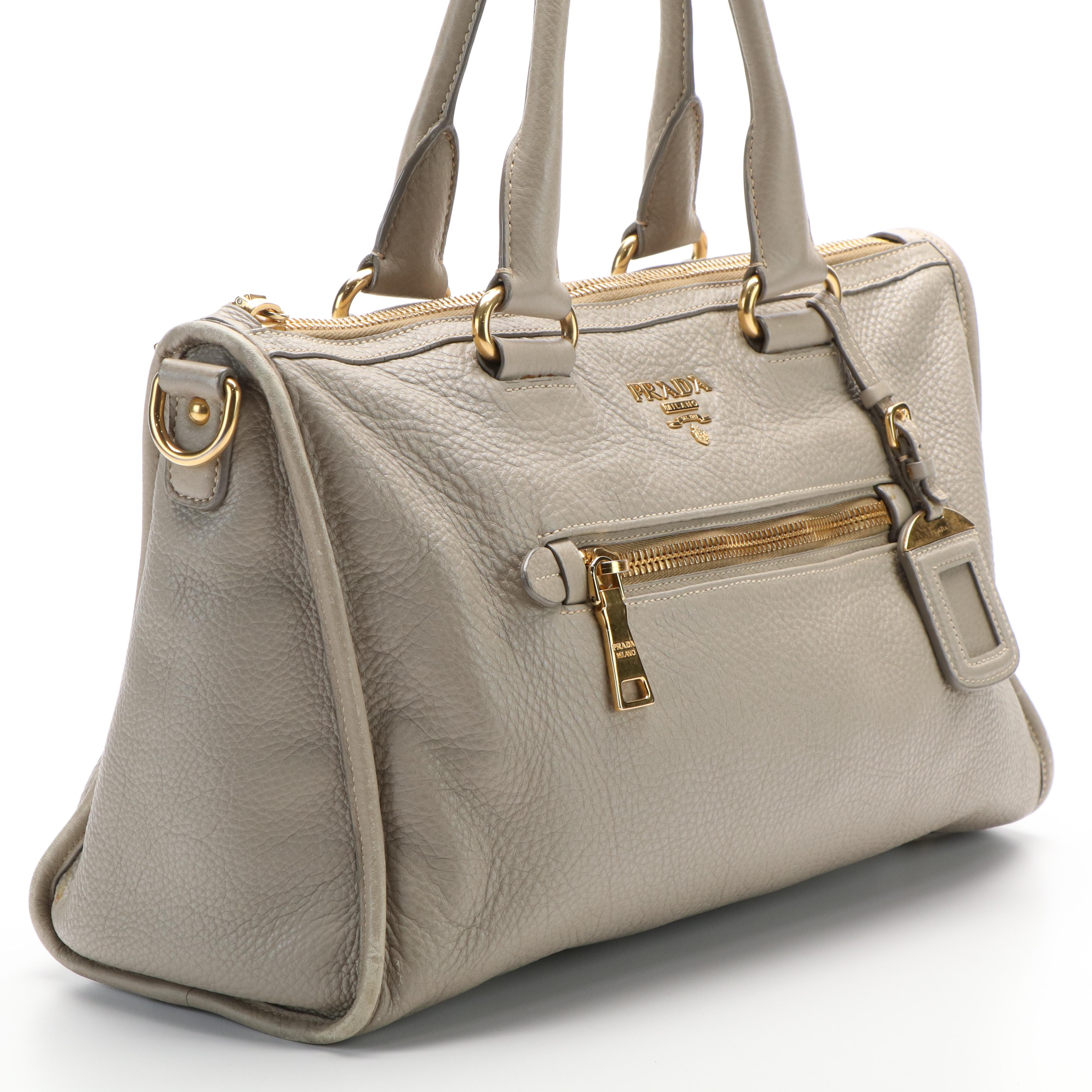 Prada Gray Leather Vitello Daino Front Zip Convertible Satchel