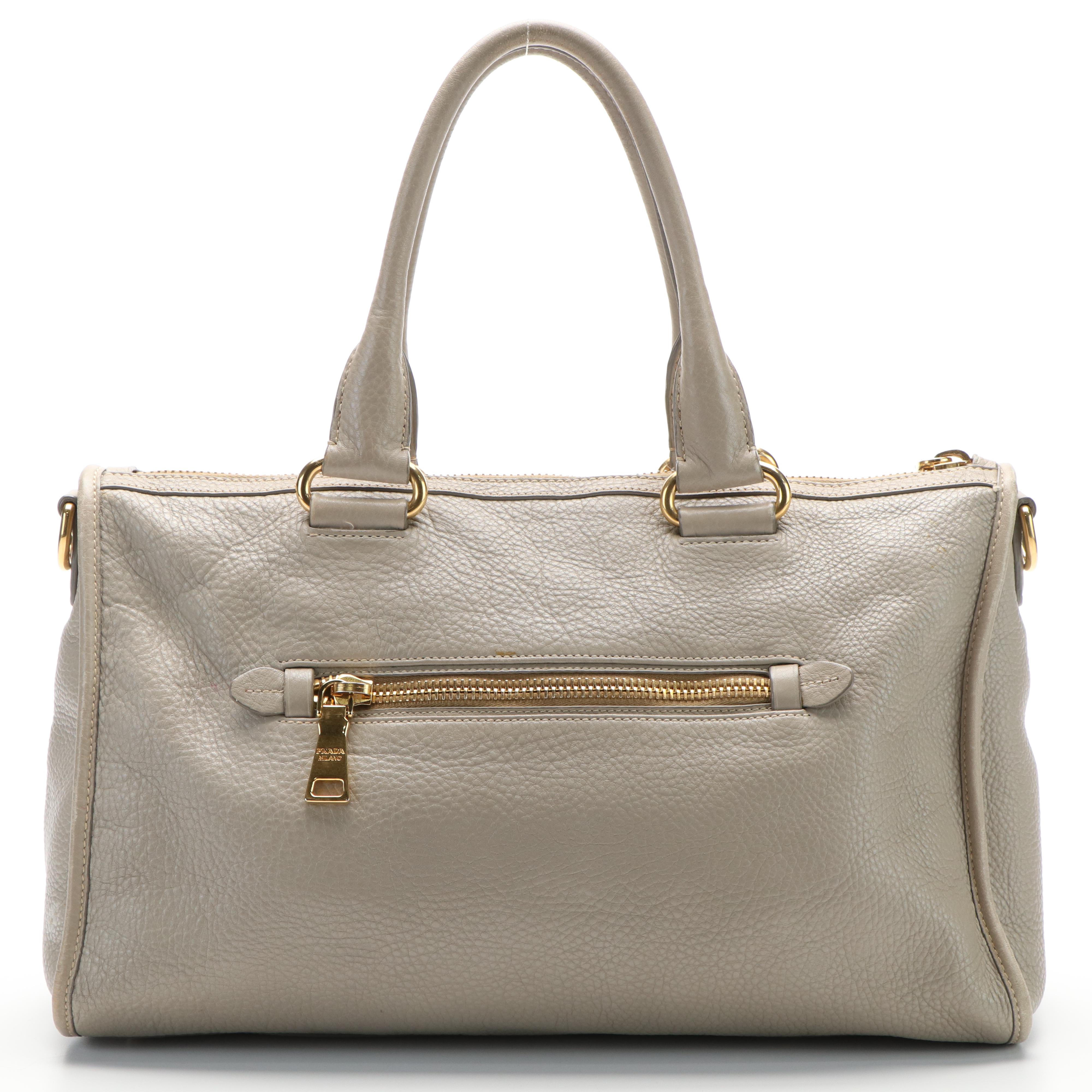 Prada Gray Leather Vitello Daino Front Zip Convertible Satchel