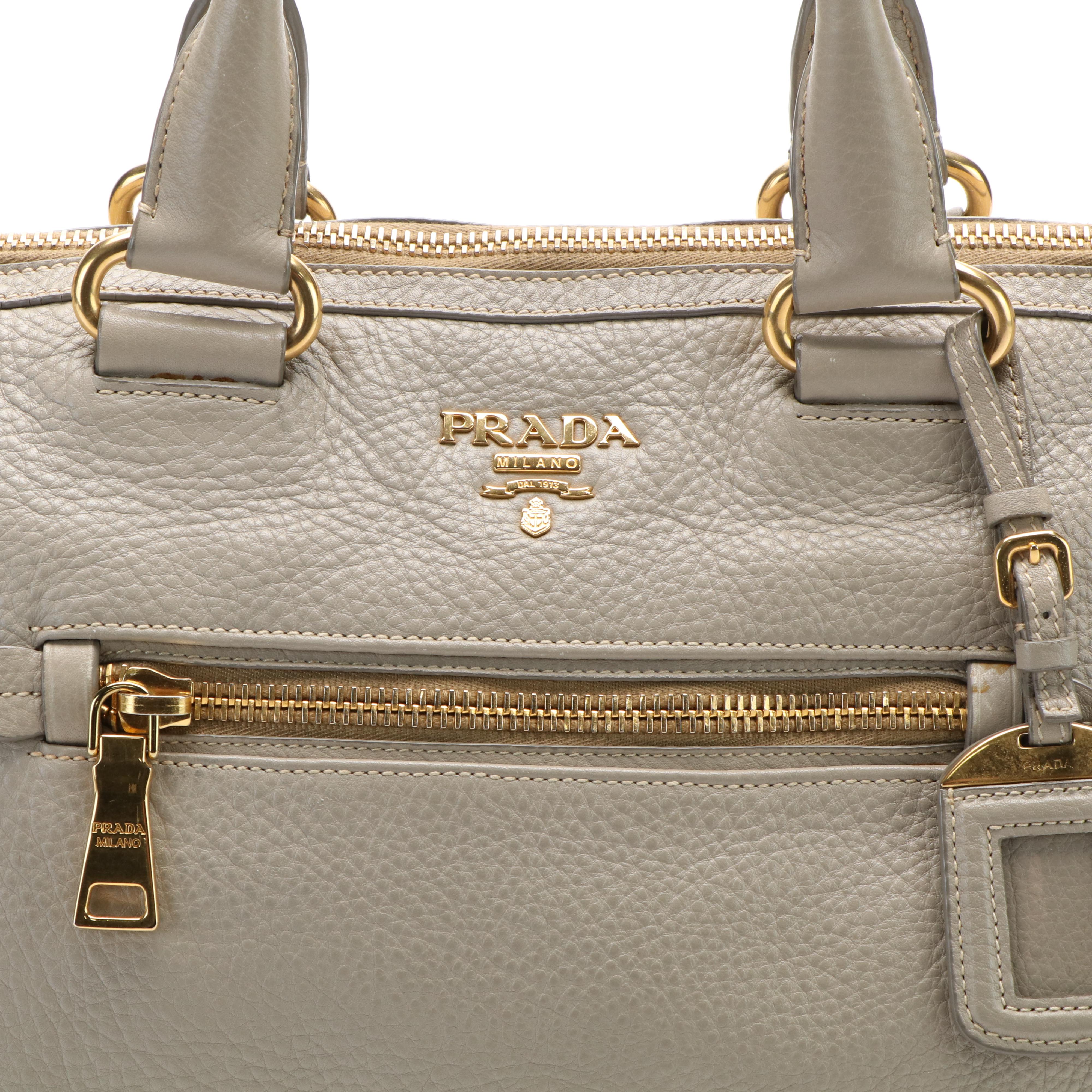 Prada Gray Leather Vitello Daino Front Zip Convertible Satchel