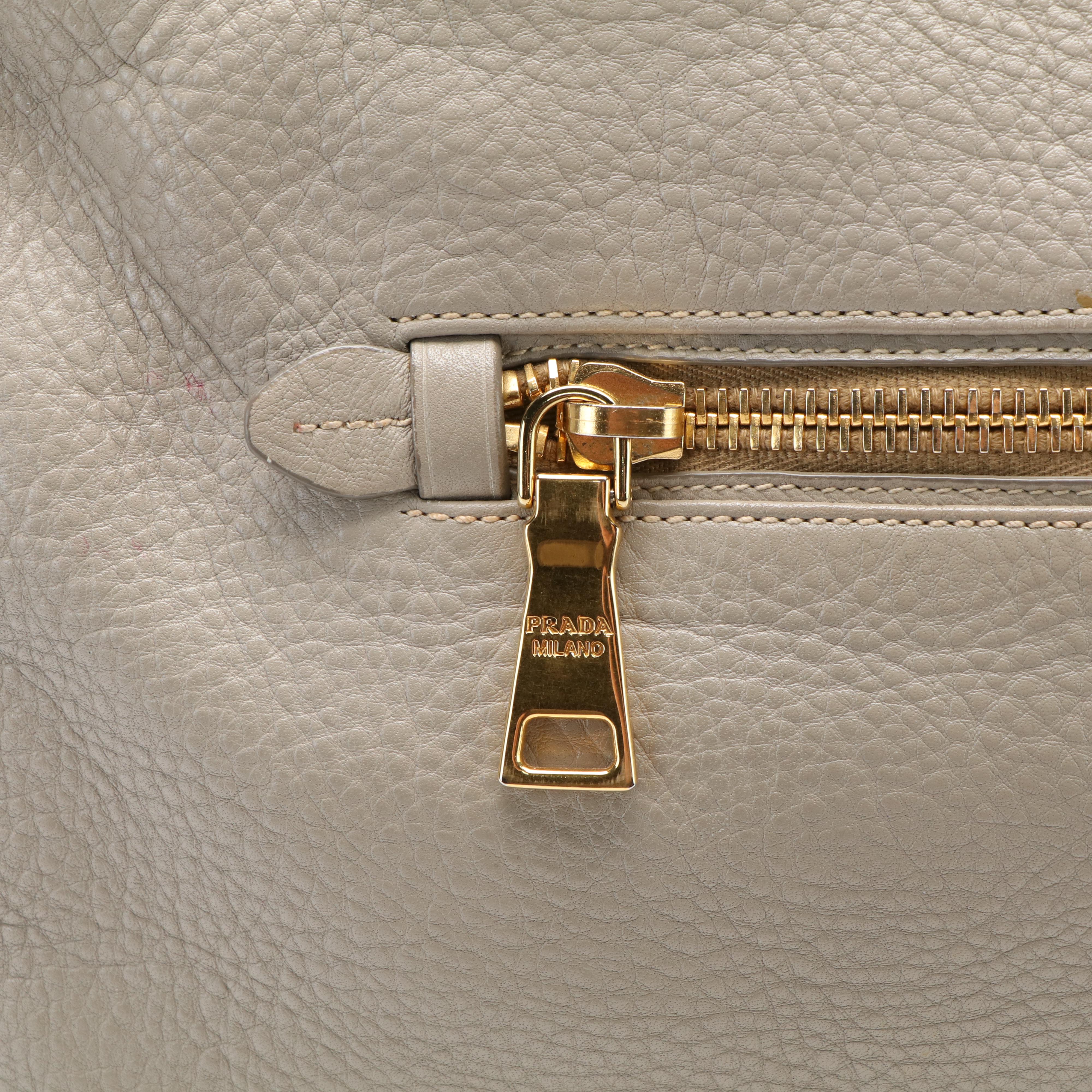 Prada Gray Leather Vitello Daino Front Zip Convertible Satchel