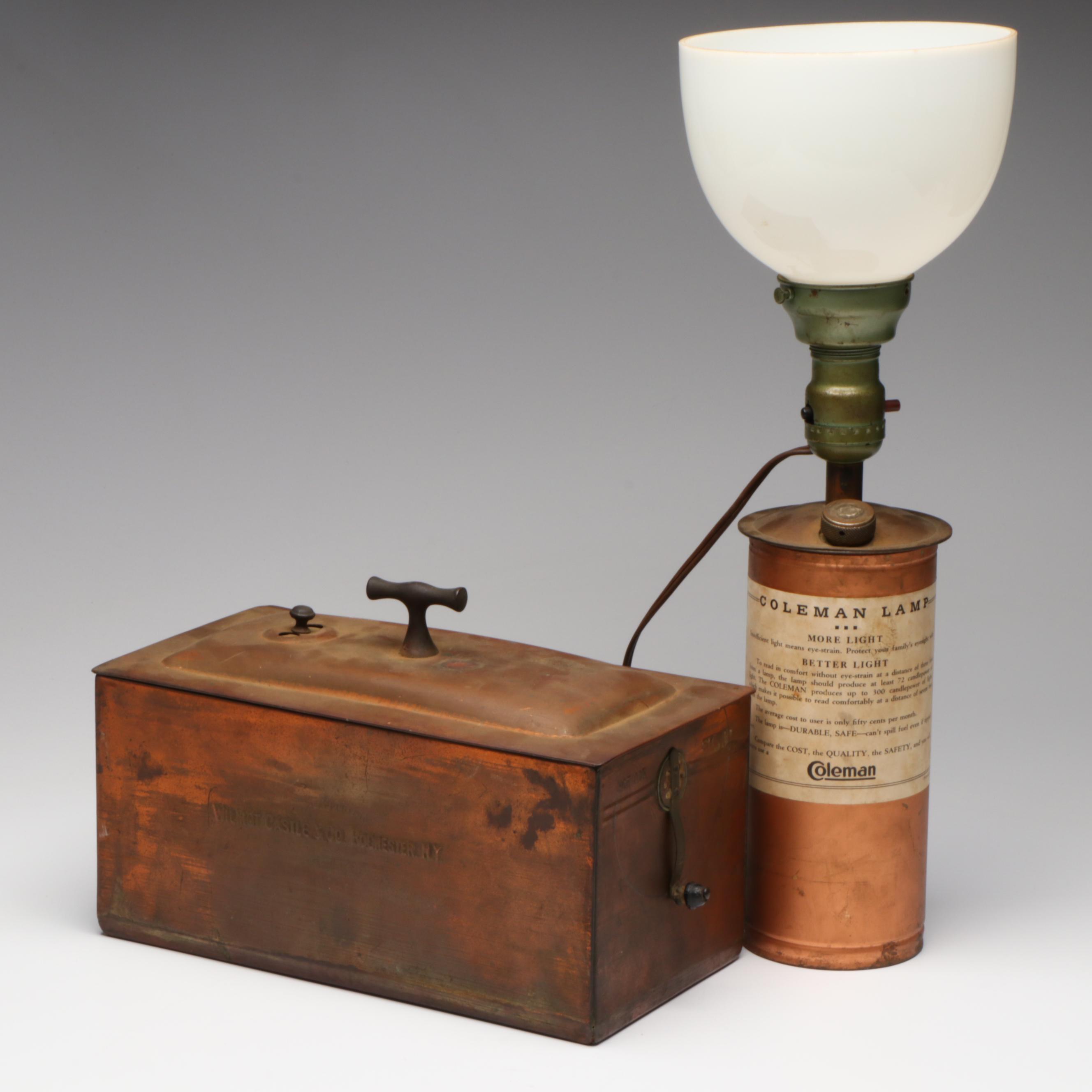 Coleman No. 150 Table Lamp with Wilmot Castle & Co. Copper Sterilizer