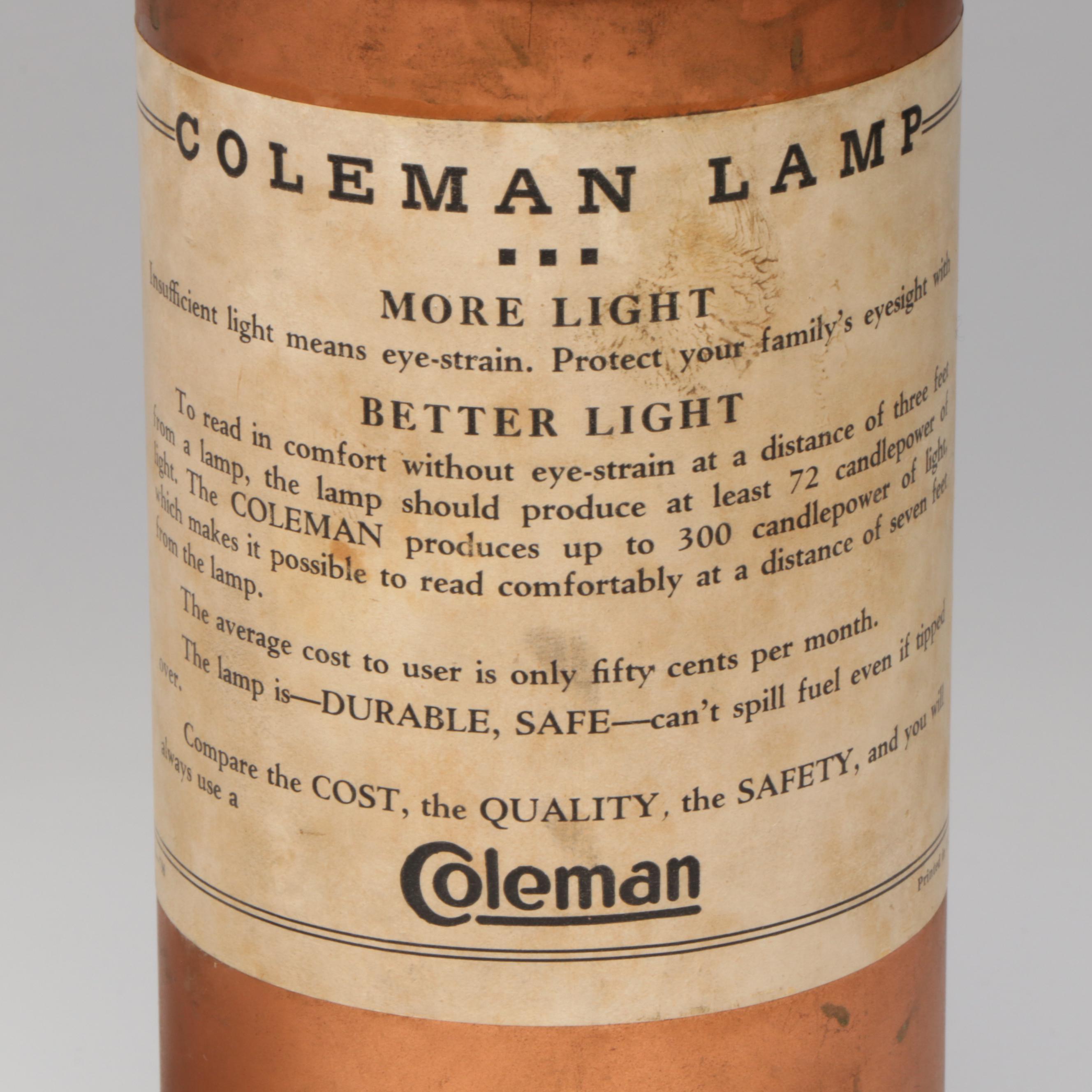 Coleman No. 150 Table Lamp with Wilmot Castle & Co. Copper Sterilizer