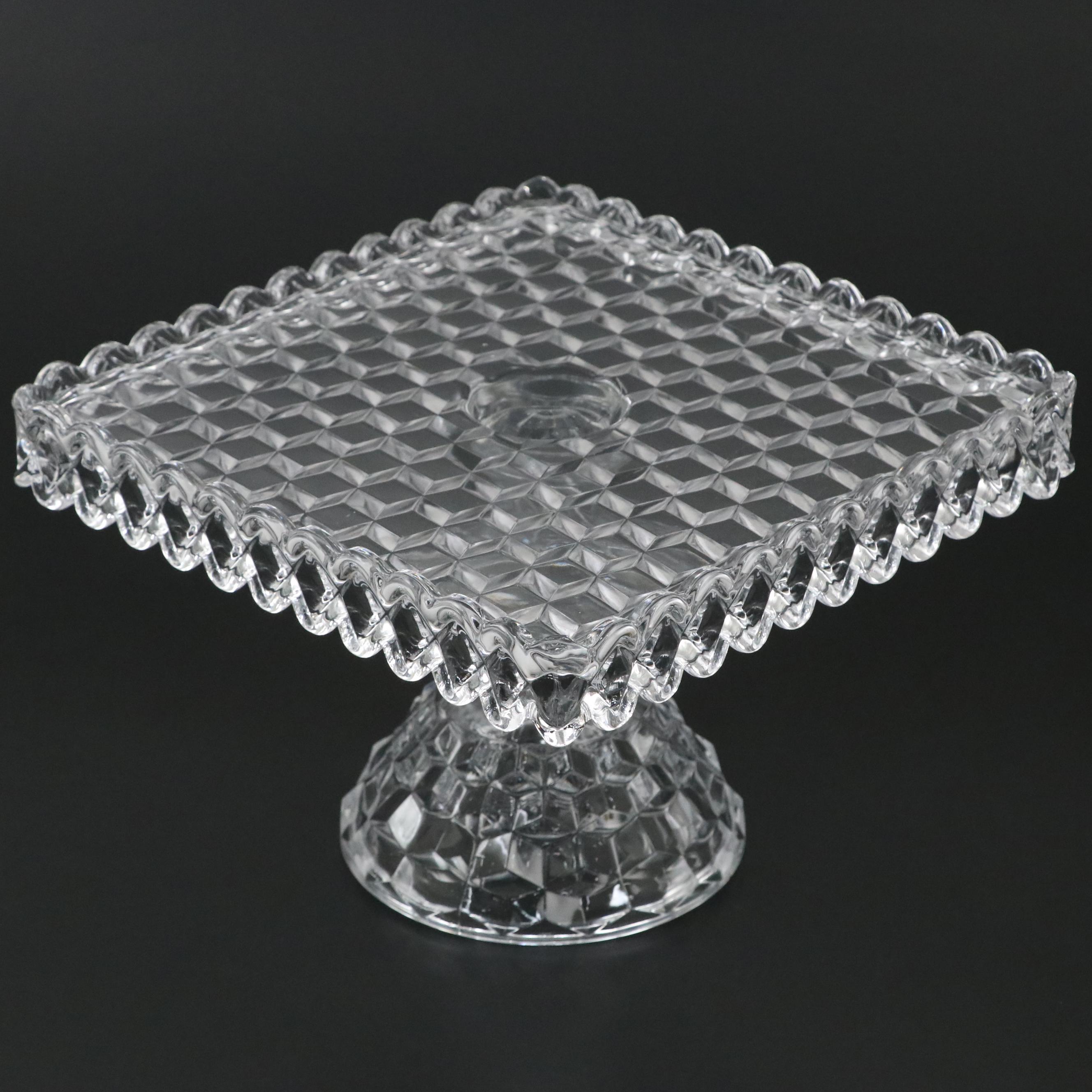 Fostoria Glass Square Pedestal Cake Stand with Rum Well