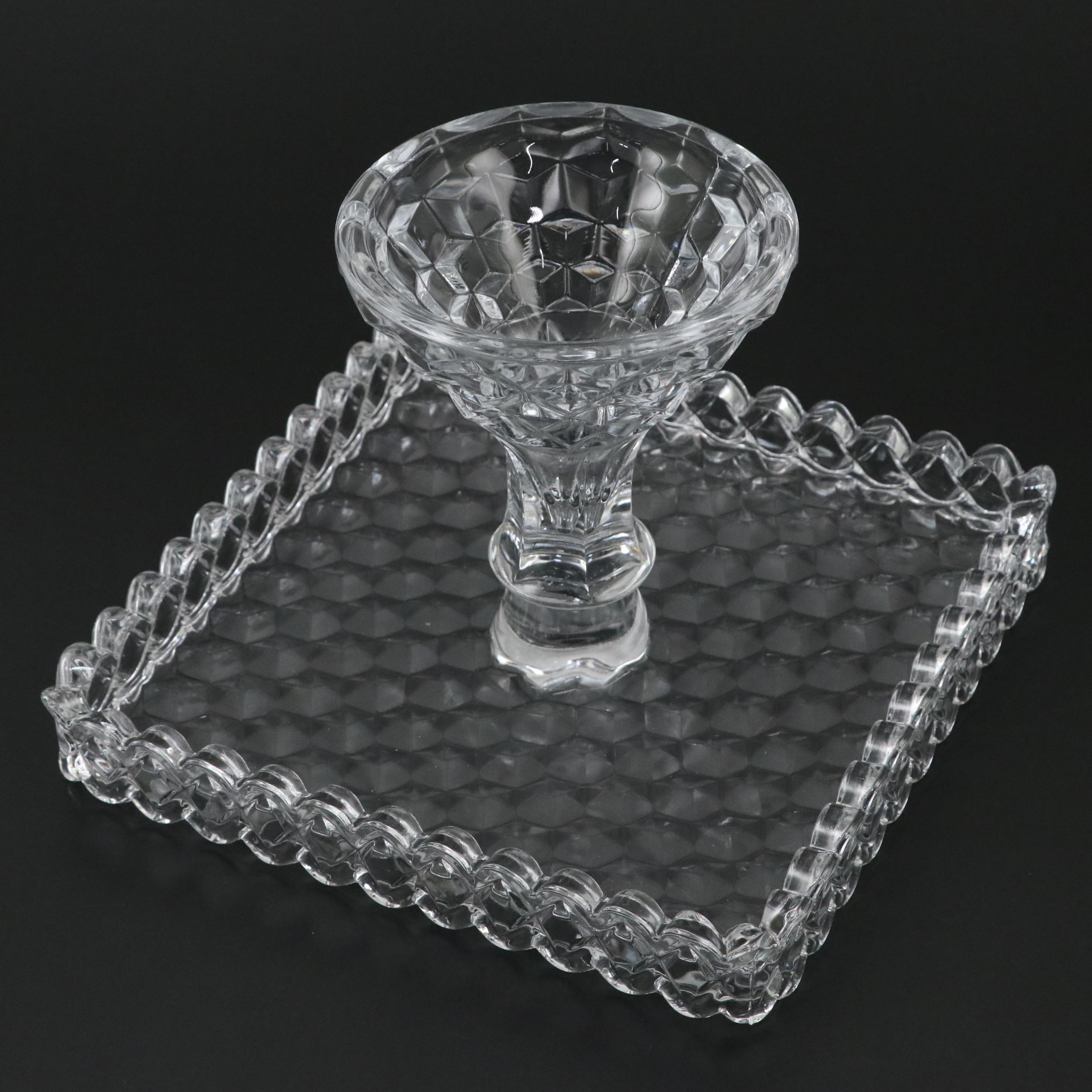 Fostoria Glass Square Pedestal Cake Stand with Rum Well