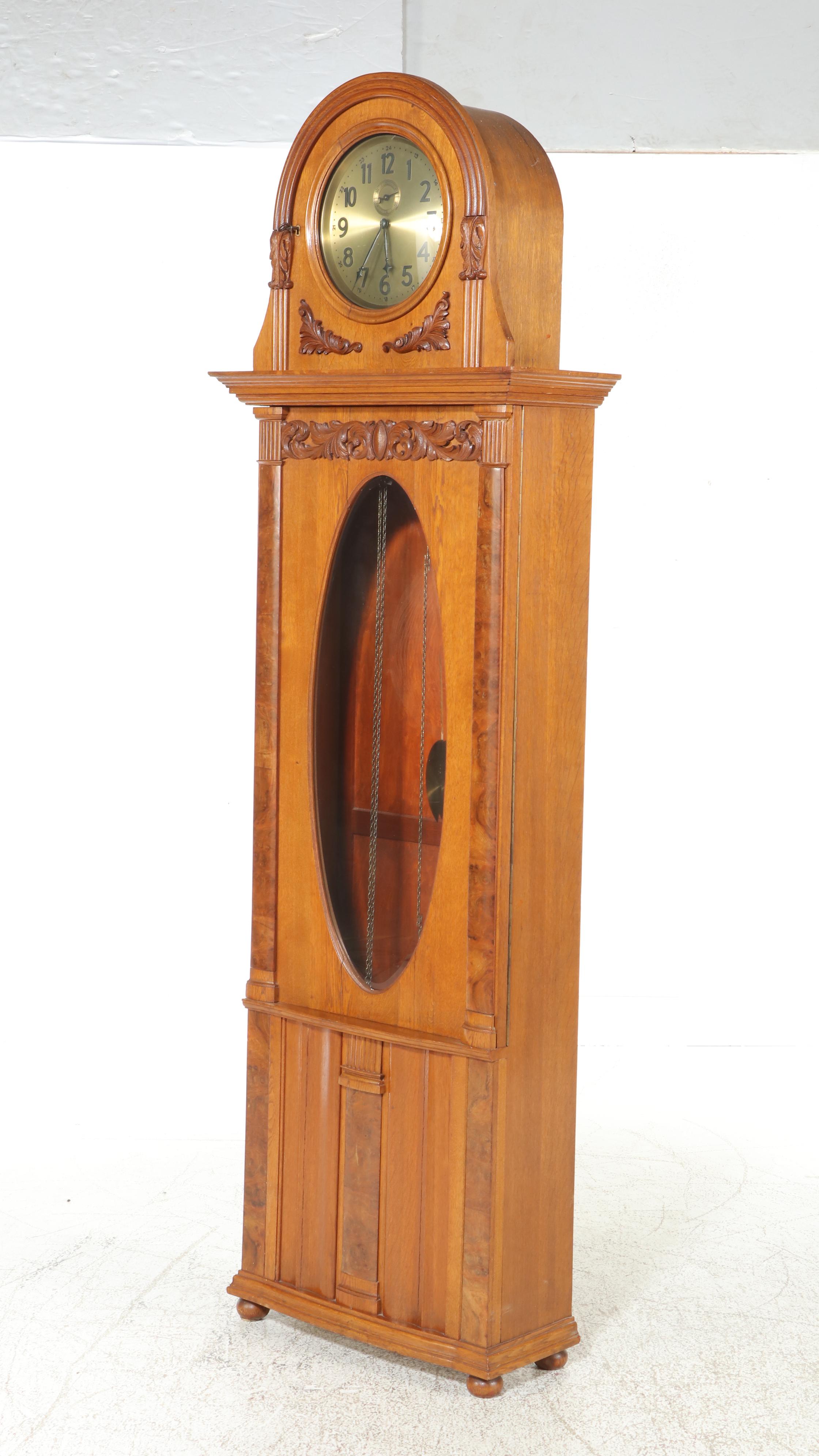 Junghans Art Deco Oak and Burl Walnut Tall Case Clock, Circa 1930
