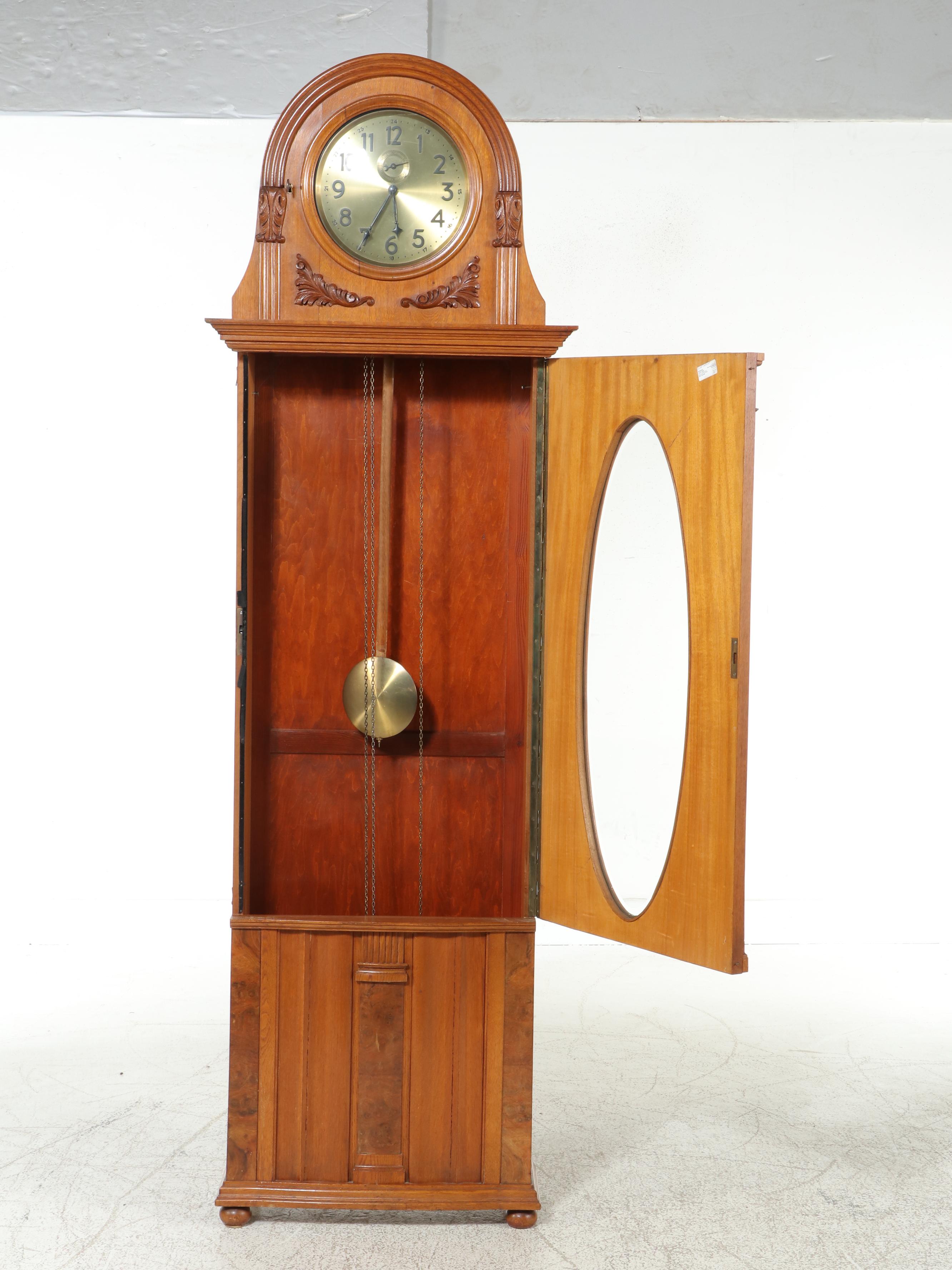 Junghans Art Deco Oak and Burl Walnut Tall Case Clock, Circa 1930