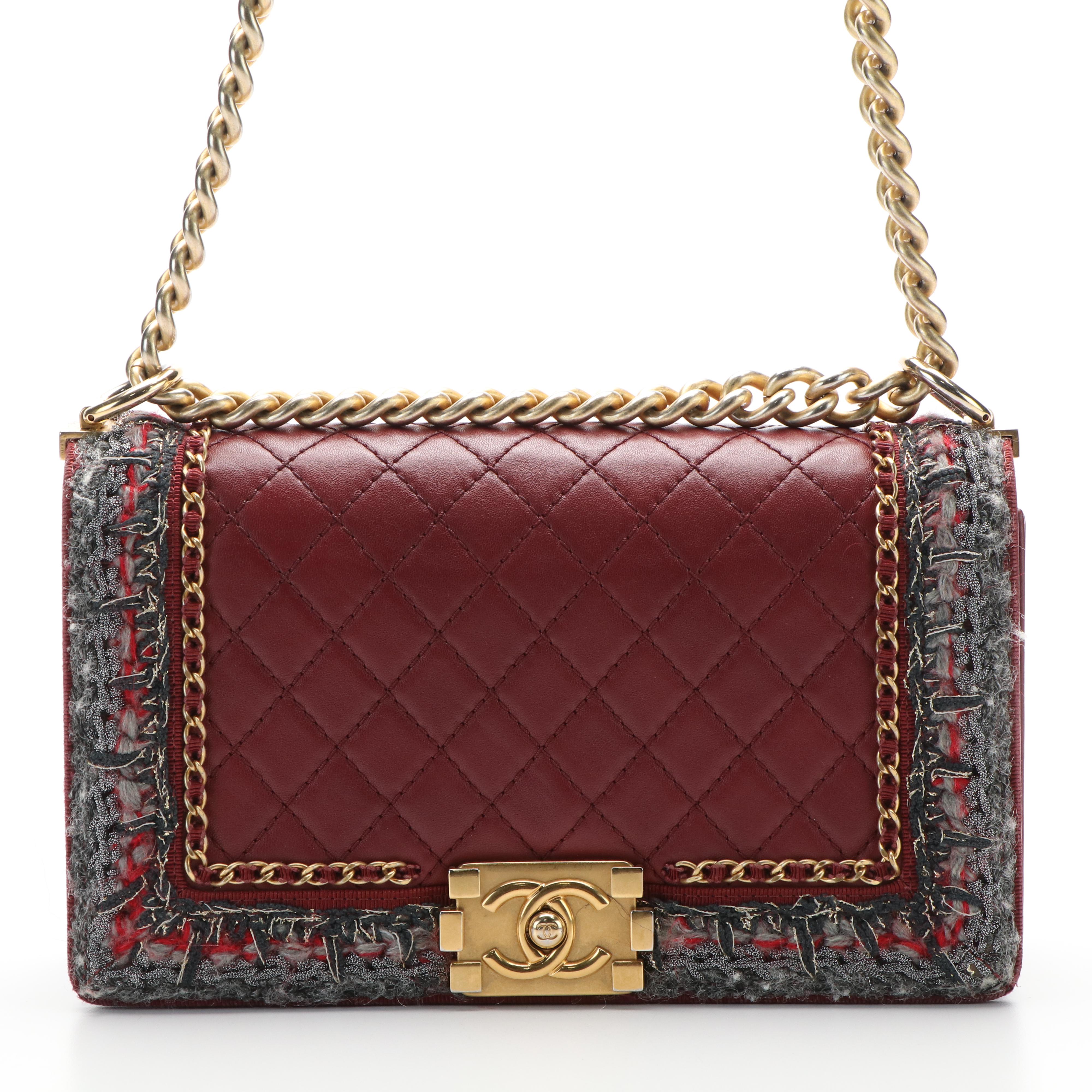 Chanel Boy Bag in Jacket Tweed and Burgundy Calfskin Leather